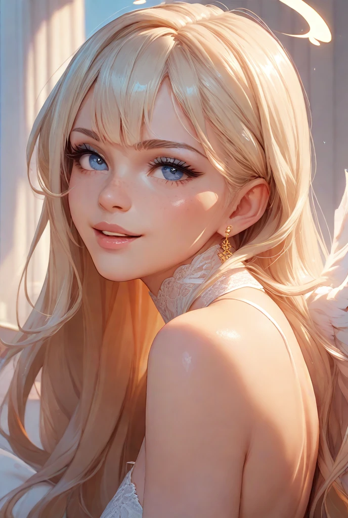One person, solo, chest, blue eyes, Blonde long hair、Angel Halo, masterpiece, Highest quality, Anatomically correct, Goddess Long Dress。Red blush on cheeks、A large white feather grows from around the shoulder blade.、masterpiece, Angel Halo, Cinematic light effects, 3D Rendering, whole body、high resolution、The background is a temple.、smile、Portraiture