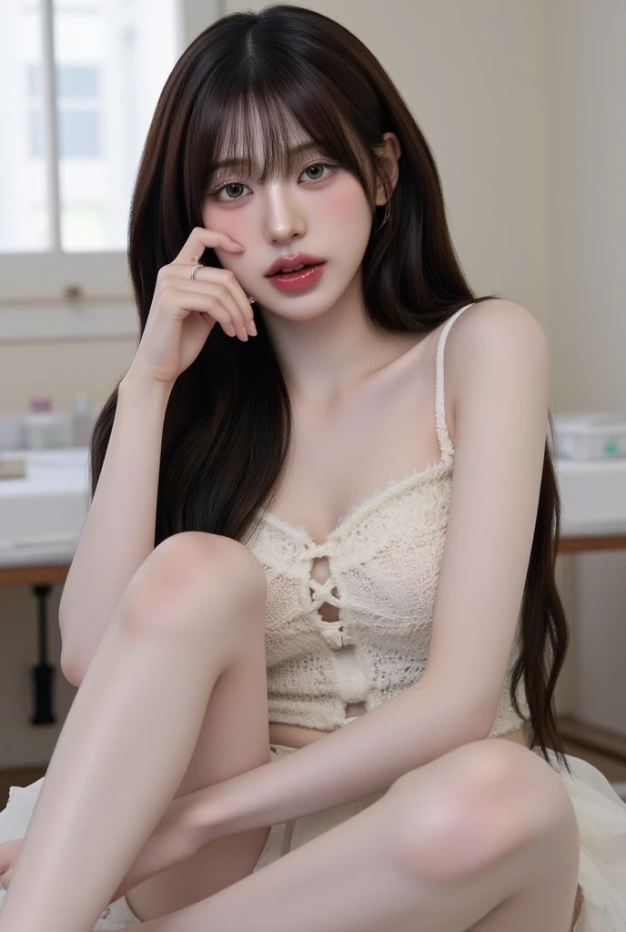 ,a young woman sitting in a room. She is 'day'He is wearing a white t-shirt with the words printed on it... She is 짧은 갈색 머리를 가지고 있으며 시청자를 직접 바라보고 있습니다.. Her feet are prominently displayed., with a close-consolation focus on her toes and soles. She is 신발을 신고 있지 않다, And her feet are bare. The room has a wooden chair with blue patterned cushions., table, and a cconsolation on it. The overall image atmosphere is calm and comfortable., taking a picture of yourself in the mirror, Holding a cell phone in one hand.