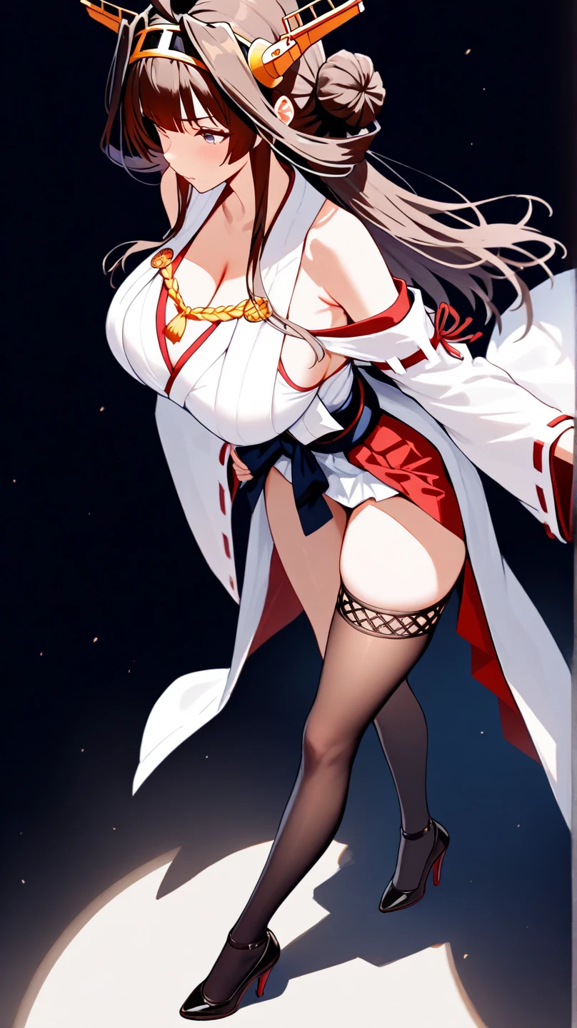 White hair , short hair, pinched eyes, (big-:1.5) , Thin legs, thin body, leather collar, Maid outfit victorian, dynamic pose, full body, View from below, wide hips, Kneeling
