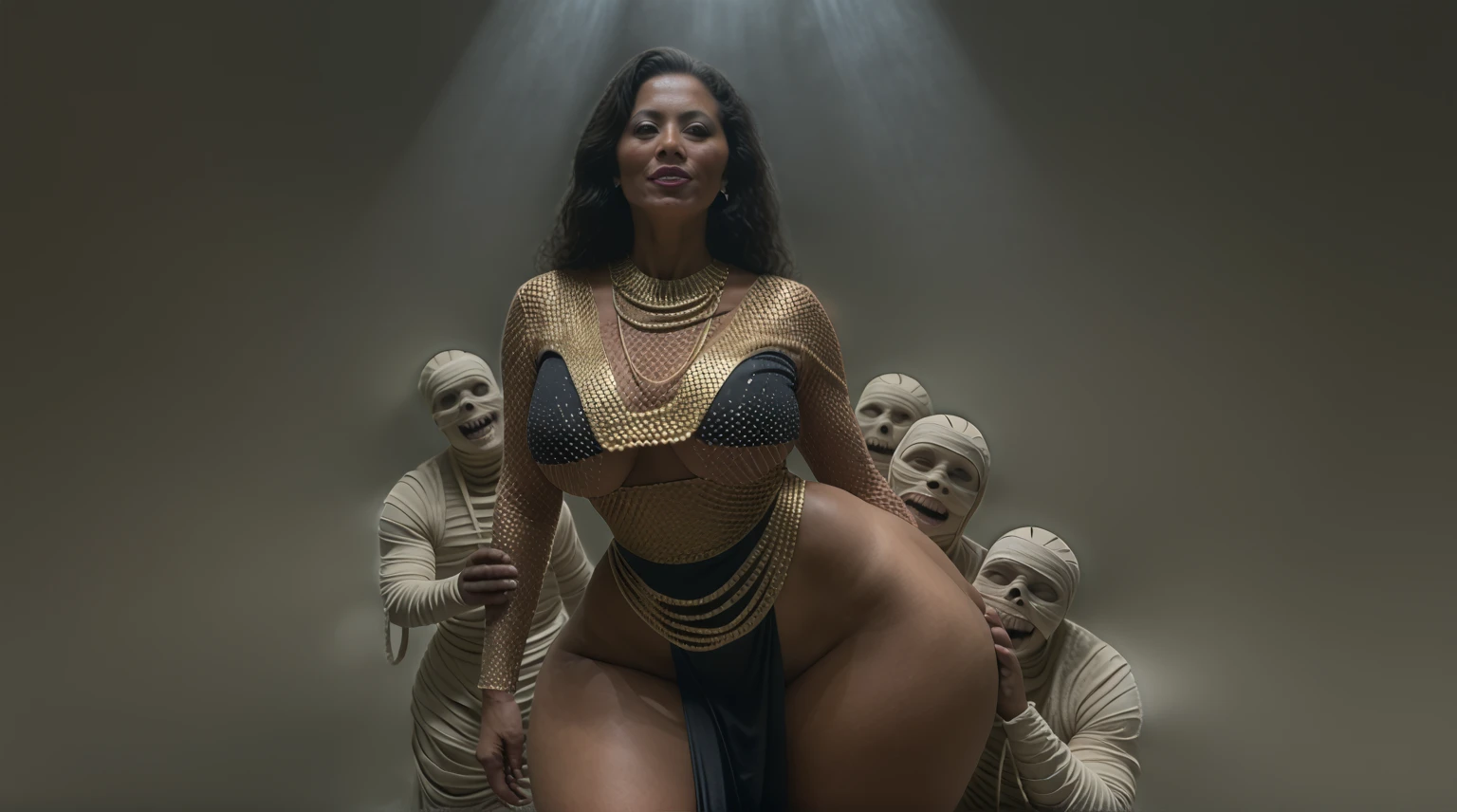 Cardi B as a fire elemental:
* Imagine Cardi B's fiery personality literally burning bright. Her skin should radiate with a crackling orange glow, like embers.
* Give her flowing red hair that resembles flames, licking and swirling around her head.
* Depict her eyes as molten gold, with flickering pupils that resemble flames.
* Maintain Cardi B's fierce confidence and infectious energy, but infuse it with a raw, elemental power.
* Dress her in a form-fitting outfit that appears to be made from smoldering embers and molten rocks. Think along the lines of a short skirt, a plunging neckline, and fiery accents around her arms and legs.
* Pose her amidst a smoky landscape, with fiery cracks glowing at her feet.