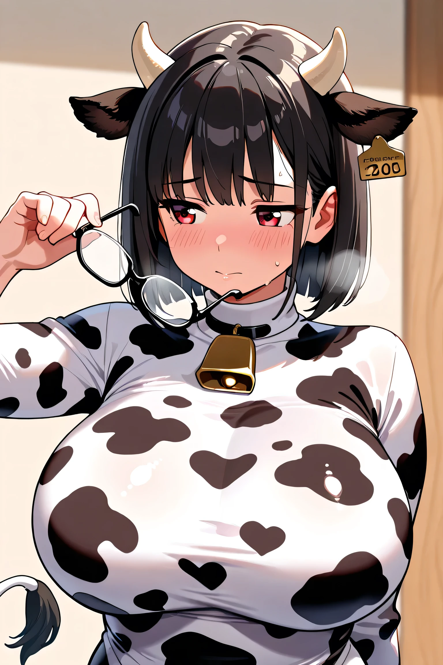 ((best quality)), ((highly detailed)), masterpiece, absurdres, (detailed eyes, deep eyes), <lora:more_details:.5>, (1girl), (glasses), cowboy shot, <lora:hairdetailer:.6>, ((cow girl)), monster girl, black hair, medium hair, brown eyes, (freckles), cow horns, animal ears, (cow ears), ((no human ears)), (cow tail), wide hips, very large breasts, sagging breasts, smiling, collar, cow bell, cleavage, hay, barn scene, (outside, at a mangrove_forest, midday, cloudy), <lora:Aliceyawnin Style Lora:.9>, Aliceyawnin
