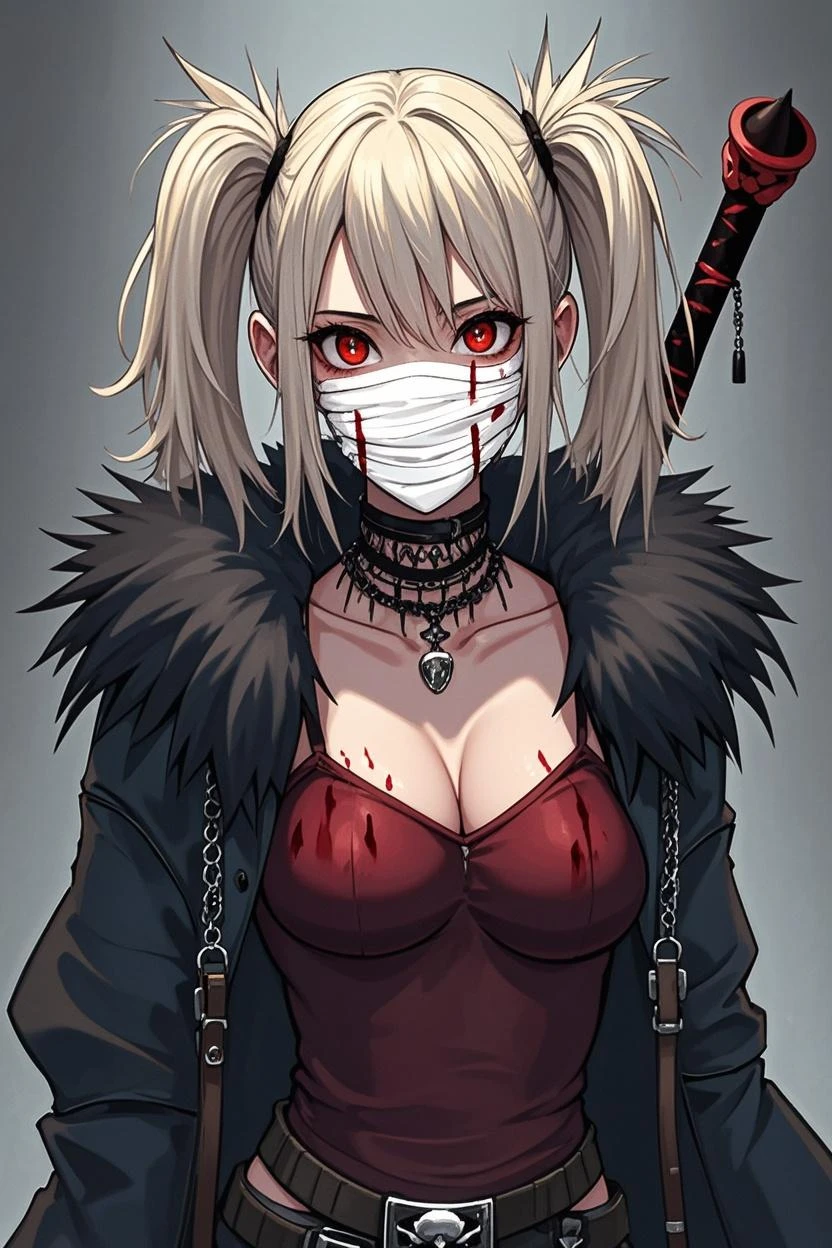 ((best qualityer)), ((work of art)), (detailded), 1 girl, ombro to ombro sweater, long light pink hair,light blue eyes, ((flat breasts)), psycho smile,((stained with blood)), ((Face covered in blood)),roupa stained with blood