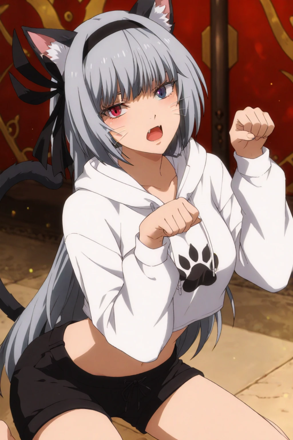 gray hair, gray long hair, ((yellow eyes)), eye patch, (((muscular))), (big breasts), happy, (tanned skin), (((black clothes))), sexy, Ghislaine Dedoldia of Mushoku Tensei, fur-trimmed jacket, green pants, open fly, open belt, bikini top only, red choker, cat ears