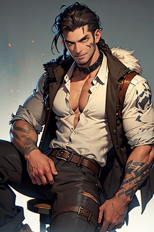 ((melhor qualidade)), ((Obra de arte)), (detalhado), create an image of a character named Klaus Kazuma, the main character and leader of the faction "Sons of Hades." He appears to be 35 years old and is a shapeshifter, Klaus is an imposing man, standing approximately 2 meters tall with a muscular build ,Face Strong, chiseled features with a stern and intelligent expression, beautiful man, dark brown eyes that reflect a deep sense of justice and determination.
Hair Black and neatly styled, with a few strands falling across his forehead,
Skin Fair, with visible battle scars and tattoos that narrate his victories.
Expression: Focused and impenetrable, conveying his leadership and resolve.
Clothing blend of modern and traditional elements, He wears a dark, tailored suit with subtle yakuza influences, such as intricate designs on the fabric. Underneath, glimpses of his tattoos can be seen, he may also carry a traditional weapon, like a katana, to symbolize his combat skills, a modern yet atmospheric background, perhaps a high-rise office with a panoramic city view or a dark, ornate room filled with artifacts and symbols of his leadership, include his spiritual mascot, a black raven named Orpheus, perched nearby or flying in the background, the image should convey a sense of power, intelligence, and mystery. The lighting can be dramatic, casting shadows that emphasize his imposing presence and the details of his tattoos.