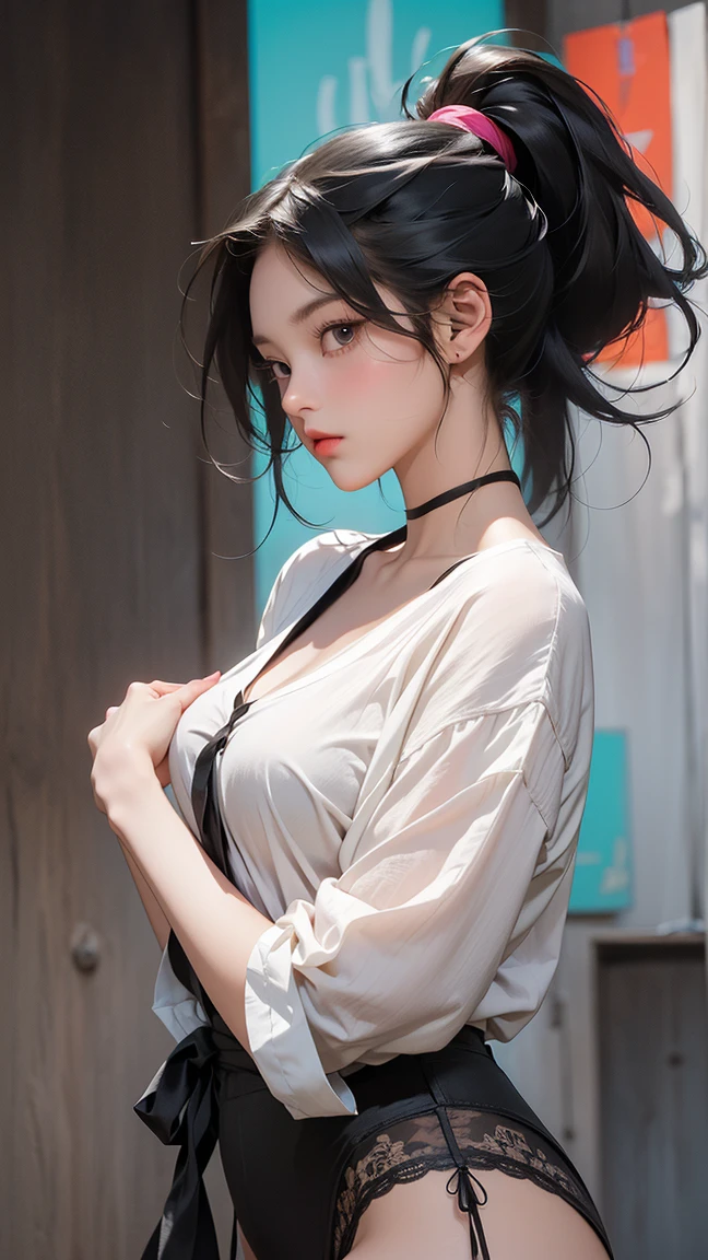 masterpiece, highest quality, 1 girl, naked shirt, shirt tug, shirt, off shoulder, ponytail, Sweaty armpits, A loose, oversized jacket,big breasts,thin waist