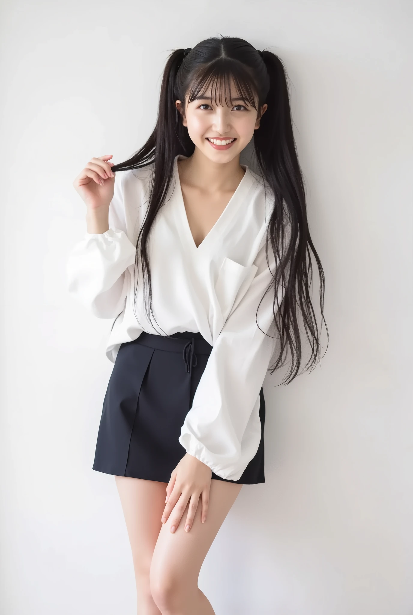 Create a realistic photograph of a beautiful Japanese female idol in a full-body portrait. She should have a slim figure, small bust, and slender legs, dressed in a Nogizaka-style idol uniform. The pose should be cheerful, showcasing her smiling. Use a simple background to highlight her features.