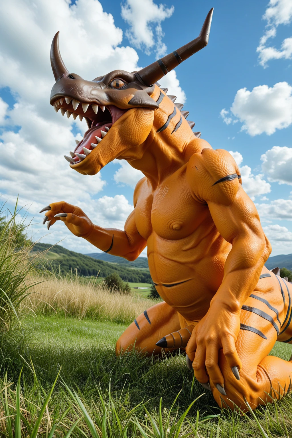 	masterpiece, best quality, amazing quality, male, males only, male focus,  male, solo, Greymon , claws, grass, day time, blue sky Background,cloud, open mouth, sharp teeth, grass