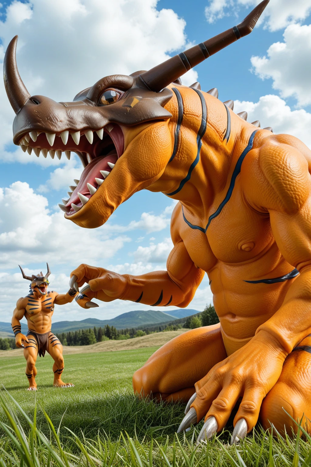	masterpiece, best quality, amazing quality, male, males only, male focus,  male, solo, Greymon , claws, grass, day time, blue sky Background,cloud, open mouth, sharp teeth, grass