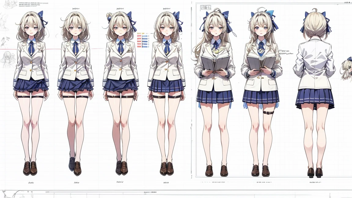 girl, alone, whole body, From head to toe, Are standing, (Huge_chest:1.3),
Character design sheet, Character Reference Sheet, 設計図のSchematic, Drafting, Blueprint, Schematic,
((Character design sheet:1.7, Character Reference Sheet:1.7,)),
anime/cartoon character wearing a girls , 1girl, alone, Thigh-high socks, blazer burezaa (blazer), Ahoge, Long Hair, bow, , shoes, loafers, ribbon, (Very short skirt:1.4), (panties:1.5),, (Good:1.7),(In underwear:1.8),nsfw,Full nudity、