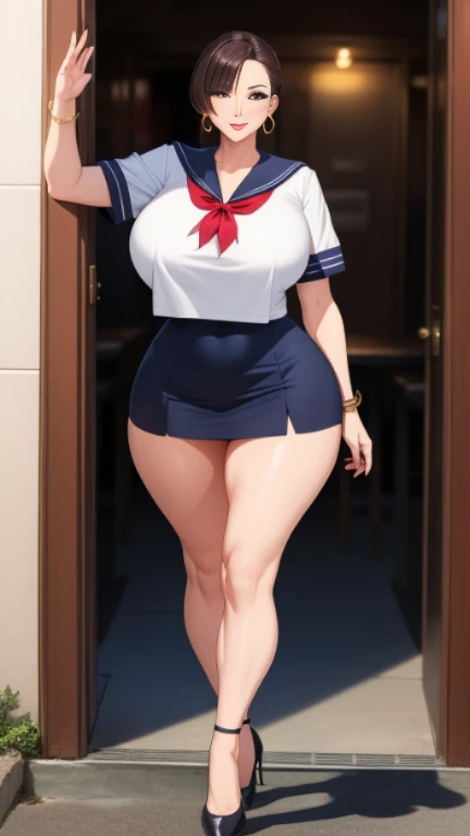 Big Breasts, Big Hips, Full Body Shot, Mature mother, Voluptuous thighs, Whole calf, Seductive mature woman, Perfect body, Plus Size Model, Sailor suit, Wearing high heels,Miniskirt Uniform,