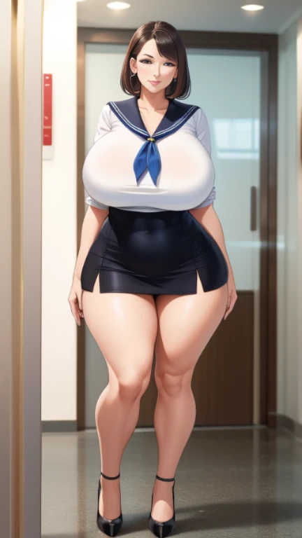 Married women，RAW Photos，High-cut underwear，Low - Angle（Navy blue mini skirt，Navy blue pleated skirt，Angle where you can see inside the skirt，school uniform，pubic hair:1.5，Blonde，short hair），Squat，Charming wife，vestige，Blonde，Blondeshort hair，A kind smile，length，Camel Toe，From below:1.3，Brown Hair，Pointed Chest，Purple flashy panties，Purple delicate panties，(False eyelashes，eye shadow，mascara)，Ultra HD，Highest quality, Ultra-high resolution:1.3， Brown Skin（very fine and beautiful skin）, Highest quality:1.3,(masterpiece), (Very detailed8K:1.1，Ultra HD:1.3),Very detailed,Cinema Lighting, Detailed light, Best Shadow, Dynamic Angle,(Super big breasts:1.4), Plump thighs, ，Indentation:1.1