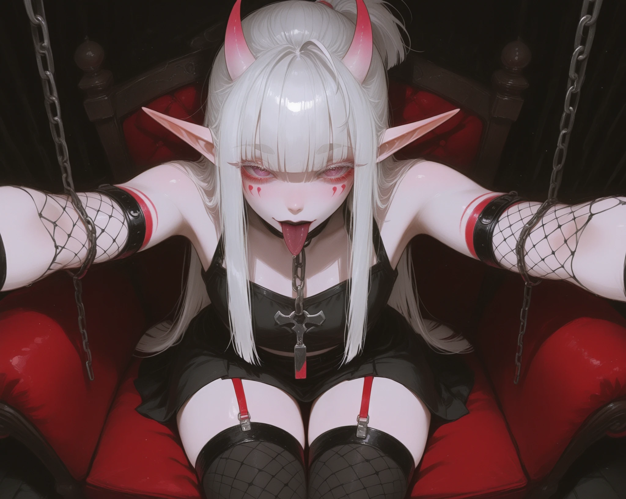((best quality)), ((masterpiece)), (detailed), 1girl, straight pink hair, pink eyes, skinny, goth, naked, fingering her pussy, squirt, squirting everywhere, horny, heart pupil, tongue out, aphrodisiac, long black nails, large tattoo, small pussy, sweaty body, wet pussy, , small ass, masturbating, nipple piercing, gothic accessories, one hand on her tits and the other hand on her pussy, gothic belt, on the bed, ahegao, rollong eyes, 18years old, blush, cat ears, peeing, 165cm, vibrating, caughtpeeing, peeing, female masturbation