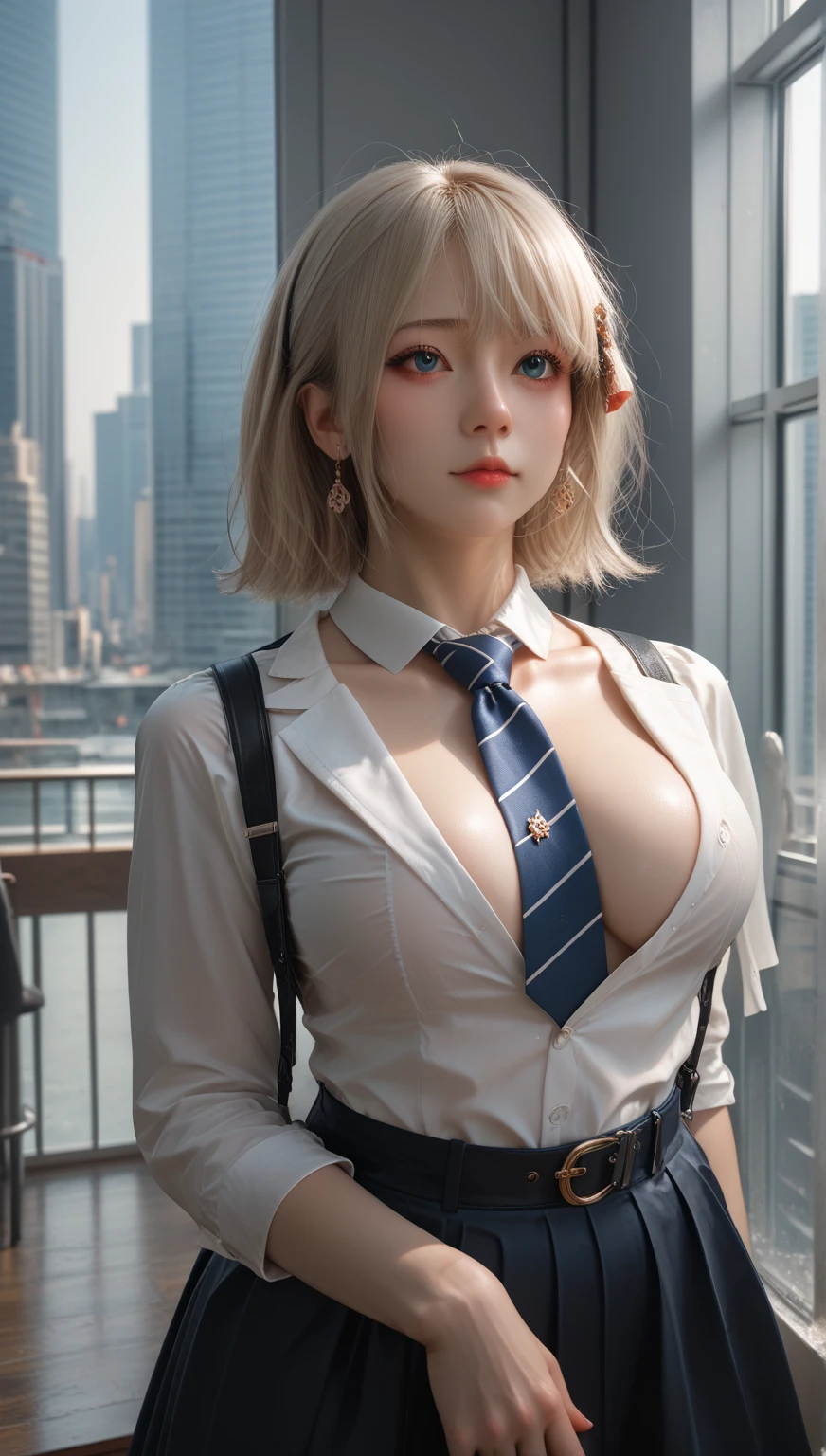 (masterpiece, best quality:1.2), cowboy shot, solo, 1girl, white hair, short wavy hair, purple eyes, (large breasts: 1.2), cleavage, slender body, looking at viewer, hands in pockets, formal, dark suit, topless, black pants, choker, earrings, cityscape scenery, street, night light,