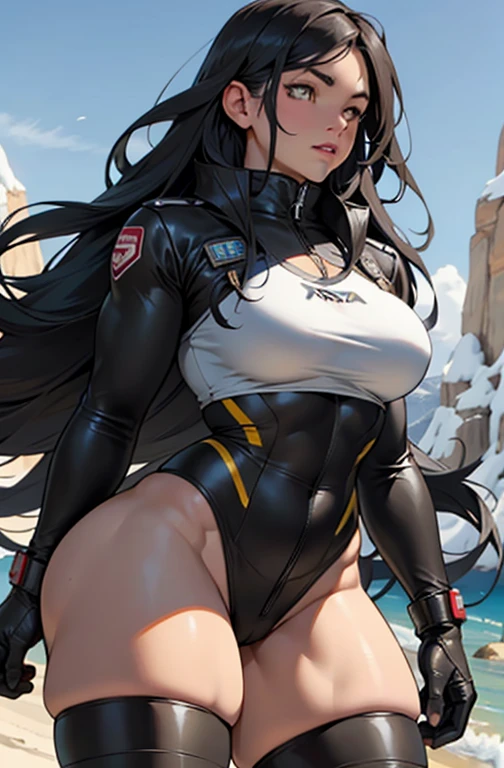 (masterpiece, best quality:1.3), highly detailed, intricate, professional art, digital art, 8K, blake belladonna, (african woman: 2.3), (dark skin: 2.8), stands while getting ready to shoot with her gambol shroud in its pistol form, huge breasts, (japanese island complex background, outside:1.15), cowboy shot, animal eyes, cat ears, big ass, black hair, long hair, blunt bangs, lipstick, (purple makeup:1.1), black eyeshadow, smokey eyes, detailed hair, ultra detailed face, yellow eyes, perfect eyes, perfect face, (very dark skin: 1.8), african woman, (african woman: 2.1), very dark skin character, (very dark skin: 3.2) (tail:0), (japanese clothes:0.6), (leotard:1.2), bicep-length gloves, fingerless gloves, (hip vent:0.9), (bridal gauntlets:1.1), shrug (clothing), black gloves, elbow gloves, (young female, 16 years old:1.1, black woman: 2.4), Large Breasts, cleavage, (fit body: 1.1) futanari, (big dick: 1.15), (fat dick: 1.15) One of her hands on her chest and above her breasts. Half jacket that fused with half leotard. Her weapon Gambol Shroud in piston form.