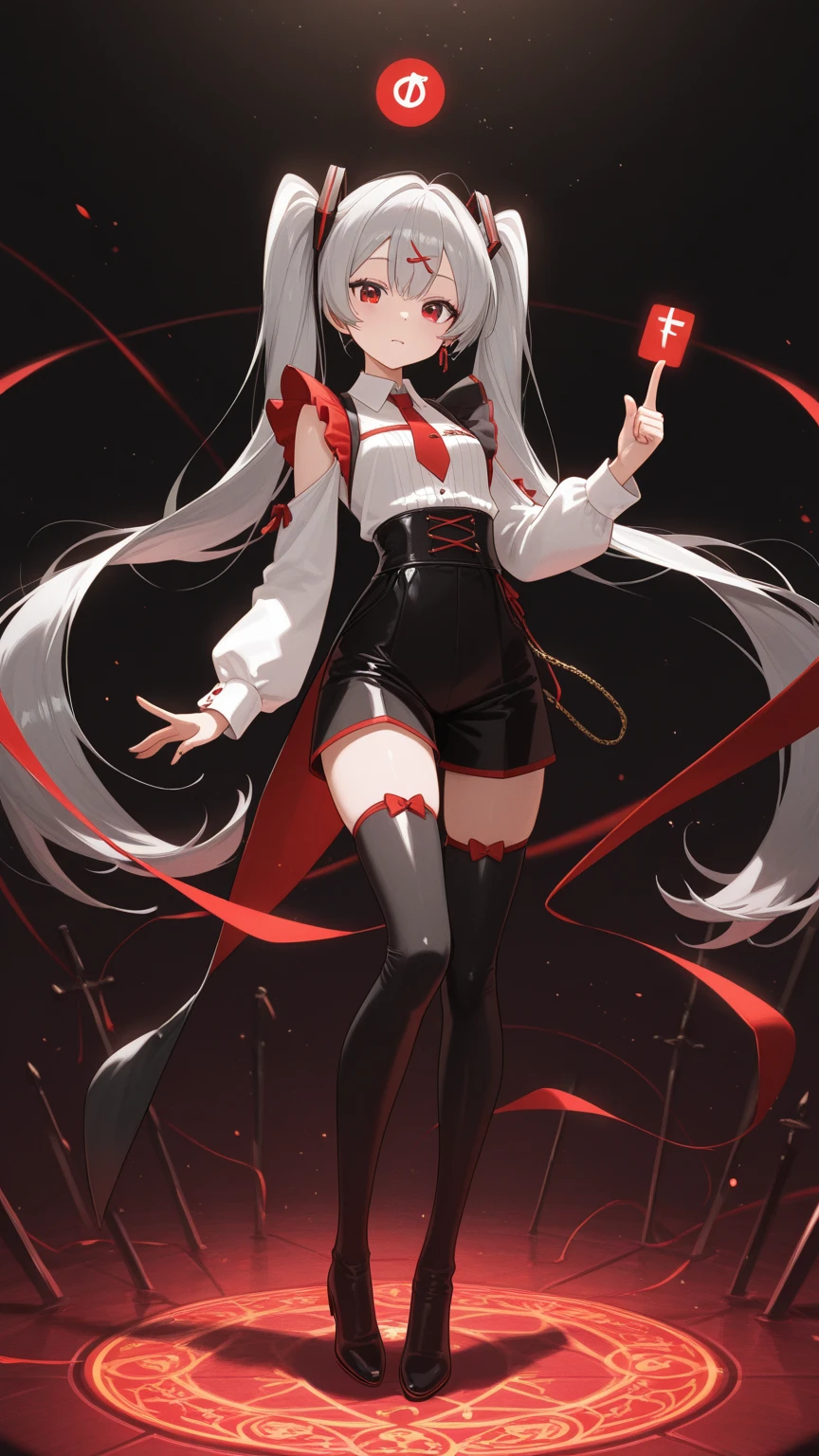 masterpiece,(bestquality),highlydetailed,ultra-detailed, cold , 1girl , bishoujo , stare , (red eyes:1.5) , (beautiful detailed eyes:1.2) , (long hair:1.2) , (white hair:silver_hair:0.5) , (Wing-like bangs:ahoge:0.8) , (Dull hair:ahoge:0.8) , (Hair rings:0.8) , (braid:0.8) , (grey background) , (high heels:1.2) , standing , (thighhighs:1.2)