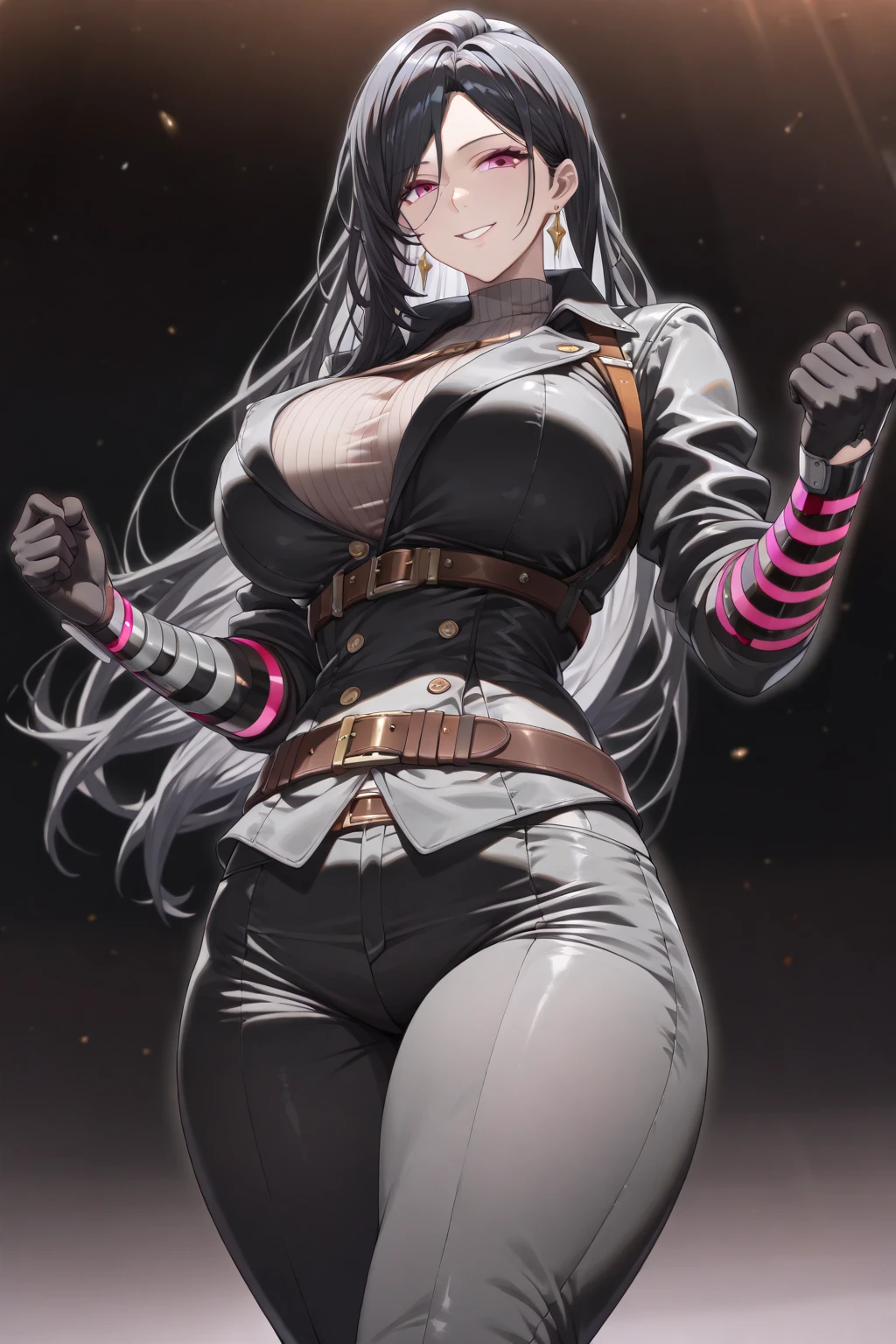 (Masterpiece: 1.6, Best Quality), (Fine and Beautiful Eyes: 1.2), (Overhead), High Quality, Beautiful Face, 1girl, Leather Tight Skirt, Extra Large Leather Jacket, Big Tits, Long Hair, Wide Hips, (Landscaped), Street, Background, Detail Background, Spooky Grin, Angled Laughter at the Corners of Mouth, Long Coat, Shirt, Tie, Office Lady, Mature