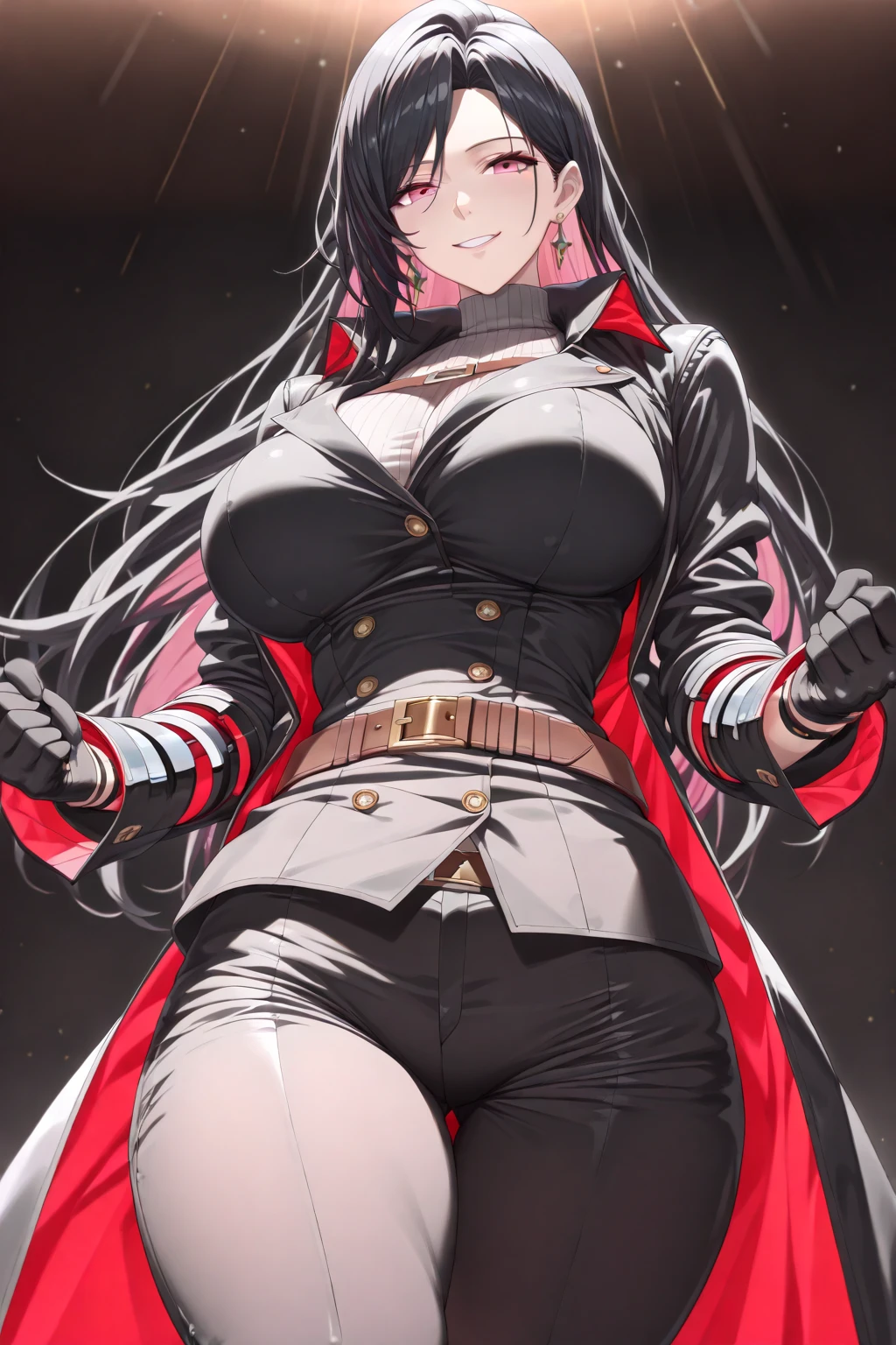 professional artwork, Intricate Details, field of view, sharp focus, detailed painting, photorealistic lighting, trending on pixiv, Standing at attention, black outfit ,yellow collared shirt,black and red bodysuit,skin_tight,black legwear, black pantyhose, Side_boob, black hair,very long hair, Bangs,yellow eyes,makeup, lipstick, 20yo,mature female,Beautiful Finger,Beautiful long legs,Beautiful body,Beautiful Nose,Beautiful character design, perfect eyes, perfect face, looking at viewer,official art,extremely detailed CG unreal engine 8k wallpaper, perfect lighting,Colorful, Bright_Front_face_Lighting, (masterpiece:1.0),(best_quality:1.0), ultra high res,4K,ultra-detailed, photography, 8K, HDR, highres, absurdres:1.2, Kodak portra 400, film grain, blurry background, (Beautiful,large_Breasts:1.4), (beautiful_face:1.5),(narrow_waist), (solo:1.4), ((landscape dimension)), rich detailed makeup, rich detailed eyeshadow, rich detailed lips, rich detailed lipstick, eyes lens, beautiful eyes lens, ultra detailed eyes