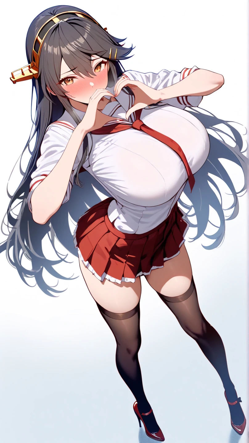 score_9, score_8_up, score_7_up, score_6_up, uncensored, mylene, long hair, silver hair, blue hairband, blue eyes, necklace, BREAK (masterpiece:1.2), best quality, high resolution, (detailed eyes:1.3), perfect lighting, (perfect hands, perfect anatomy), large breasts, hearts, pleasured, 1girl, breasts, black_gloves, gloves, navel, rating:questionable, looking_at_viewer, solo, skirt, pasties, standing, school_uniform, serafuku, thighhighs, shirt, revealing_clothes, short_sleeves, pleated_skirt, skirt lift, fundoshi, excessive pubic hair