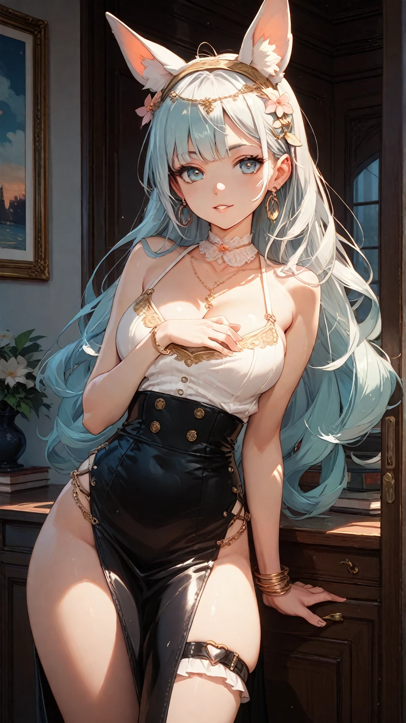 young girl, Long white hair, Cat's ears, Heterochromia, Yellow left and blue right eyes, tight turquoise top, Sleeveless, Shorts, open belly, White patterns on clothes, smirk, daggers, Masterpiece, hiquality