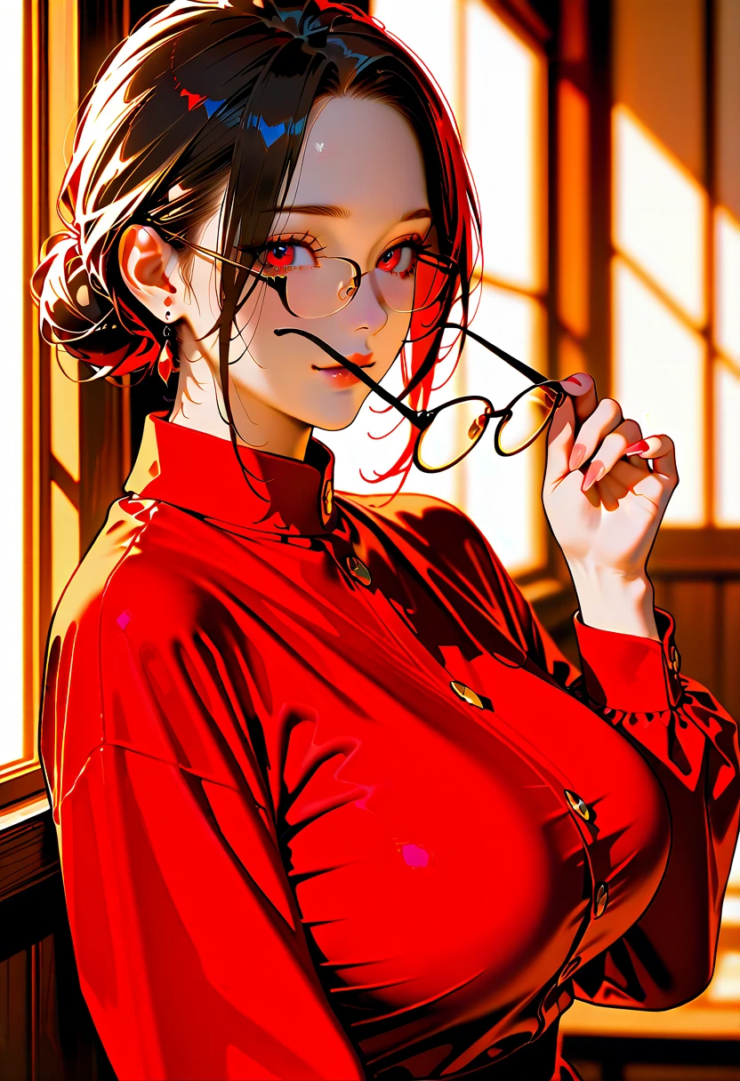 Beautiful and mature 55 year old Japanese woman, Married women, Aunt, Fine Lines, Long eyelashes, Glowing Eyes, Wearing glasses, Short Bob Haircut, (choker), (Deep Red Lipstick), elegant, Slim figure, Rosy Cheeks, Pearl Necklace, Earrings, Cute Smile, Beautiful body lines, Cleavage, Full Body Focus,