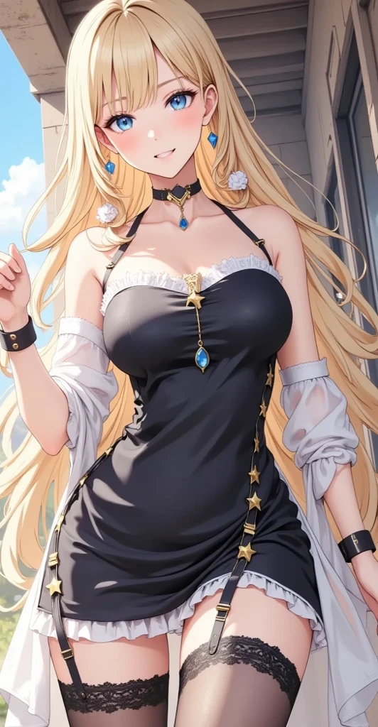realisticlying,1Girl,Stand on a tall building,sunraise,Vivid light,Dressed in a white dress,The body floats slightly,Smile back(closeup cleavage),The background is many high-rise buildings