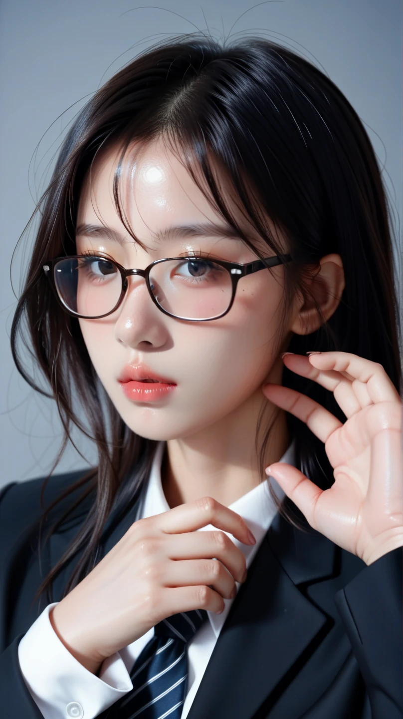 <lora:iu_V35:1>, with Korean style retro metal frame eyeglasses, detailed face, photography, masterpiece, best quality, 8K, HDR, high-res, absurdres:1.2, studio shoot