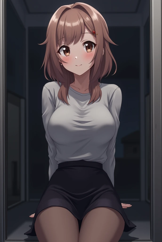 (Masterpiece), best quality, expressive eyes, perfect face, demon girl, long light and dark brown hair, brown eyes, perfect round ???????, black long-sleeved T-shirt, black shorts, black stockings, thick thighs, arms and hands . perfect, home, squatting, watching the sunset from the window of his house, ????