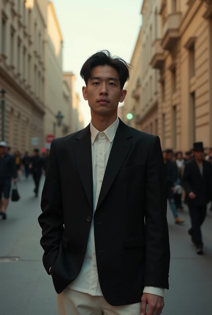 "A confident man standing tall amidst a bustling cityscape, with a hint of mystery in his captivating gaze."