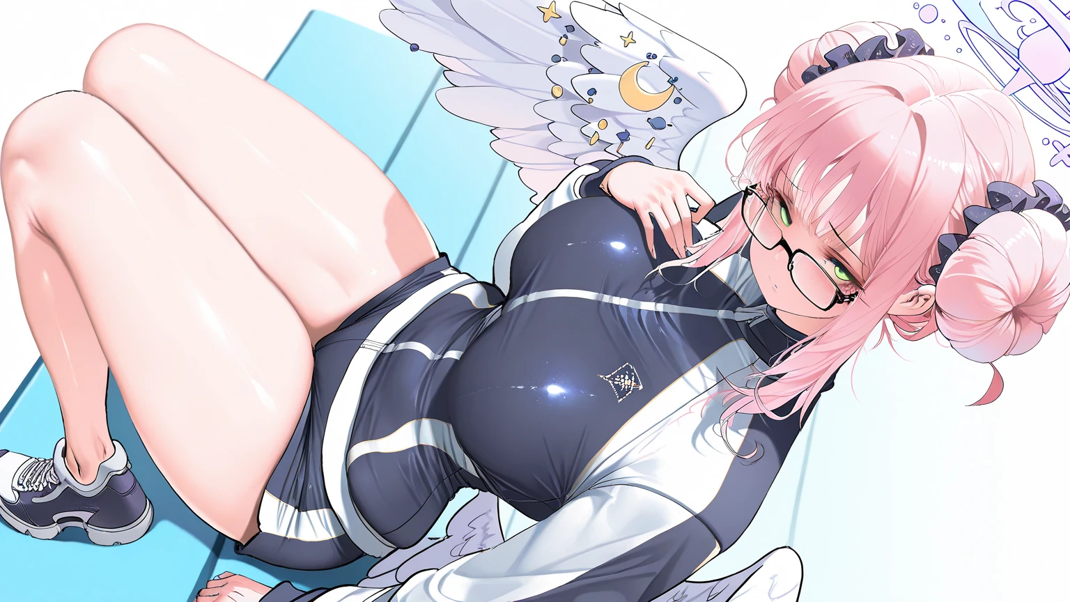 Full body girl, pregnant, huge belly, huge breasts, yellow eyes, glasses, shy, earrings, hair ribbon, long hair, side ponytail, pink hair, tsundere, embarrassed, pout, visible belly, hands on belly, very thight clothes, gloves, high heels, office uniform, cum on belly, cum on body, long legs, laying on bed, best quality