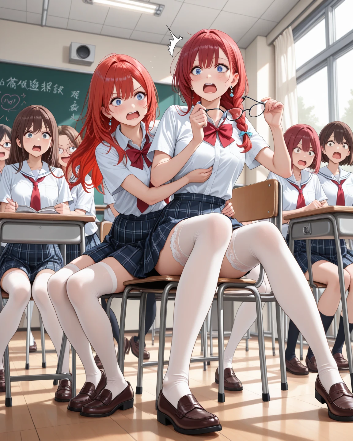 School、In the classroom、Sitting in a chair、Girl、Girl、Short、Younger、Lower school year、Baby Face、flat chest、Dynamic Angle、masterpiece、best quality、ultra-detail、Great Khan、The air conditioner is broken、Summer sunshine、Miniskirt、Panties、Spreading legs、Looks hot、Raise one leg、The desks are lined up、corridor、window、Seems like a hassle、Complaining、There are several classmates behind me.、Clothing、Untidy appearance、Her chest is exposed、Wide Stride、Fan、With his mouth open sloppily、A boy has his trousers down、Boy's dick、Boy masturbating