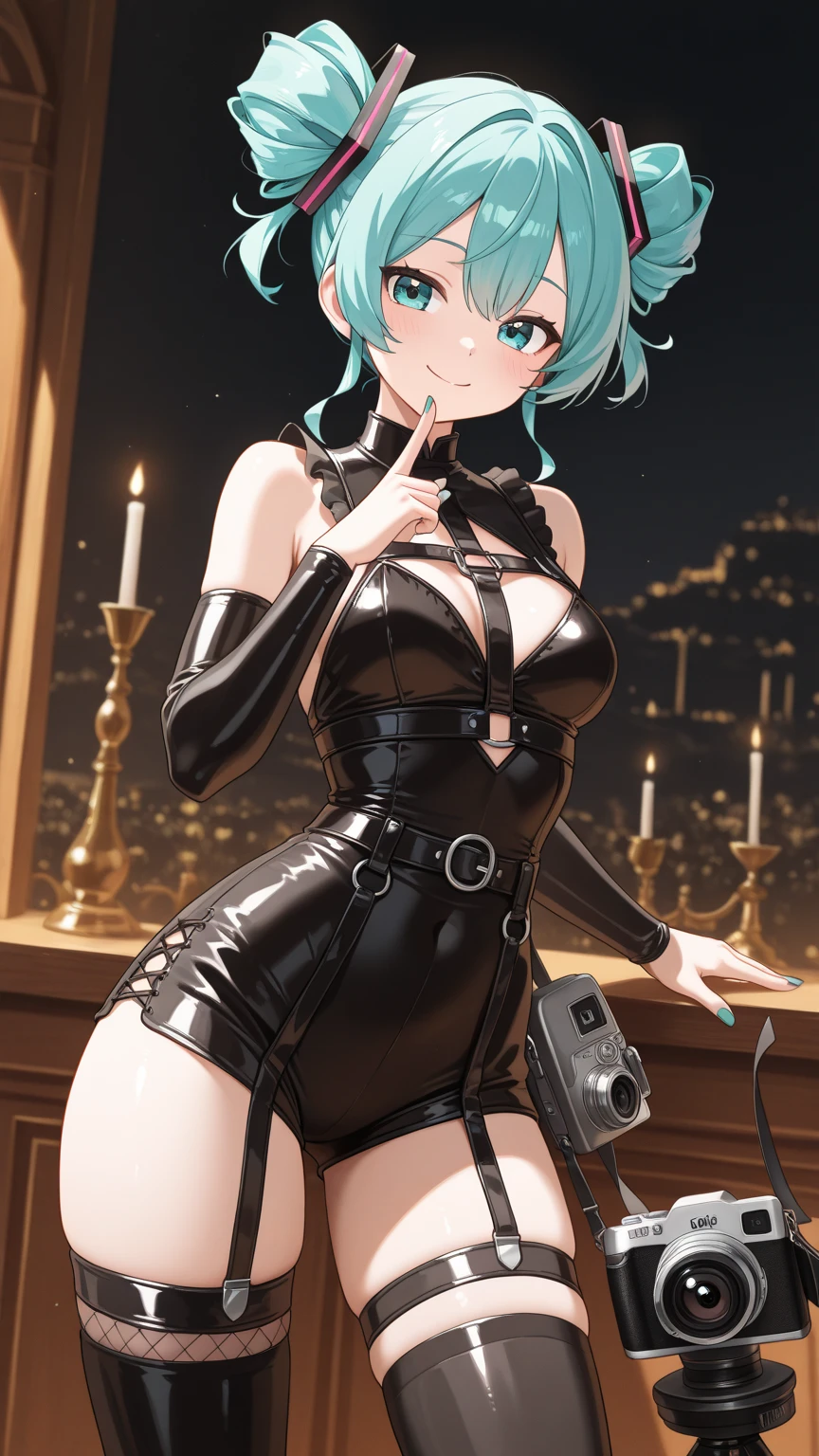 (bunnygirl:1.4) Long gloves fishnet tights, nffsw, Textured skin, Black latex、(Glossy outfit)、(shinny skin)、Best Quality, 8K, 1 girl,Solo,(Hair covering one eye), Crop_Top, Black legwear,short-hair、tie a tie without sleeves、Tsuriformes、disgusted expression、Reveal clothing、Black latex costume、kneehigh boots、belts wrapped around hands and feet,(Very shiny outfit),light green hair、Live Stage、
