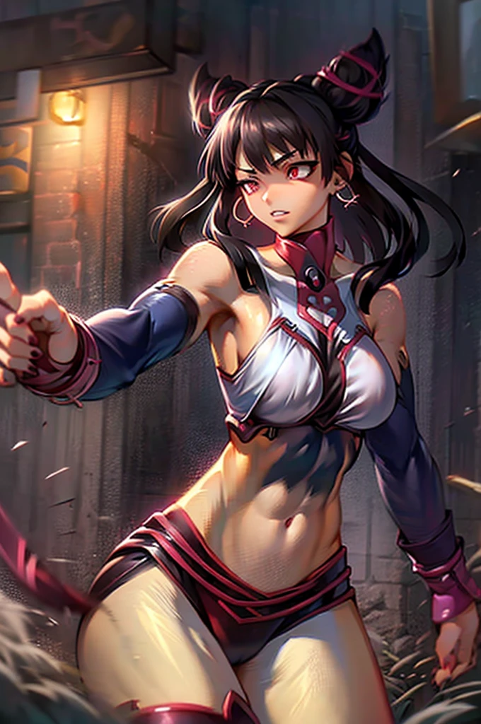 Cartoon close-up of a woman holding a samurai sword, Full body visible,Reveal costumes,Torn clothes after the fight,Large breasted women,A woman with visible side ,Pointed nipples,Thin fabric clothing((Torn Costume))The genitals are visible,My crotch is wet,Raised genitals,Pink pubic area,nude,Naked Women,