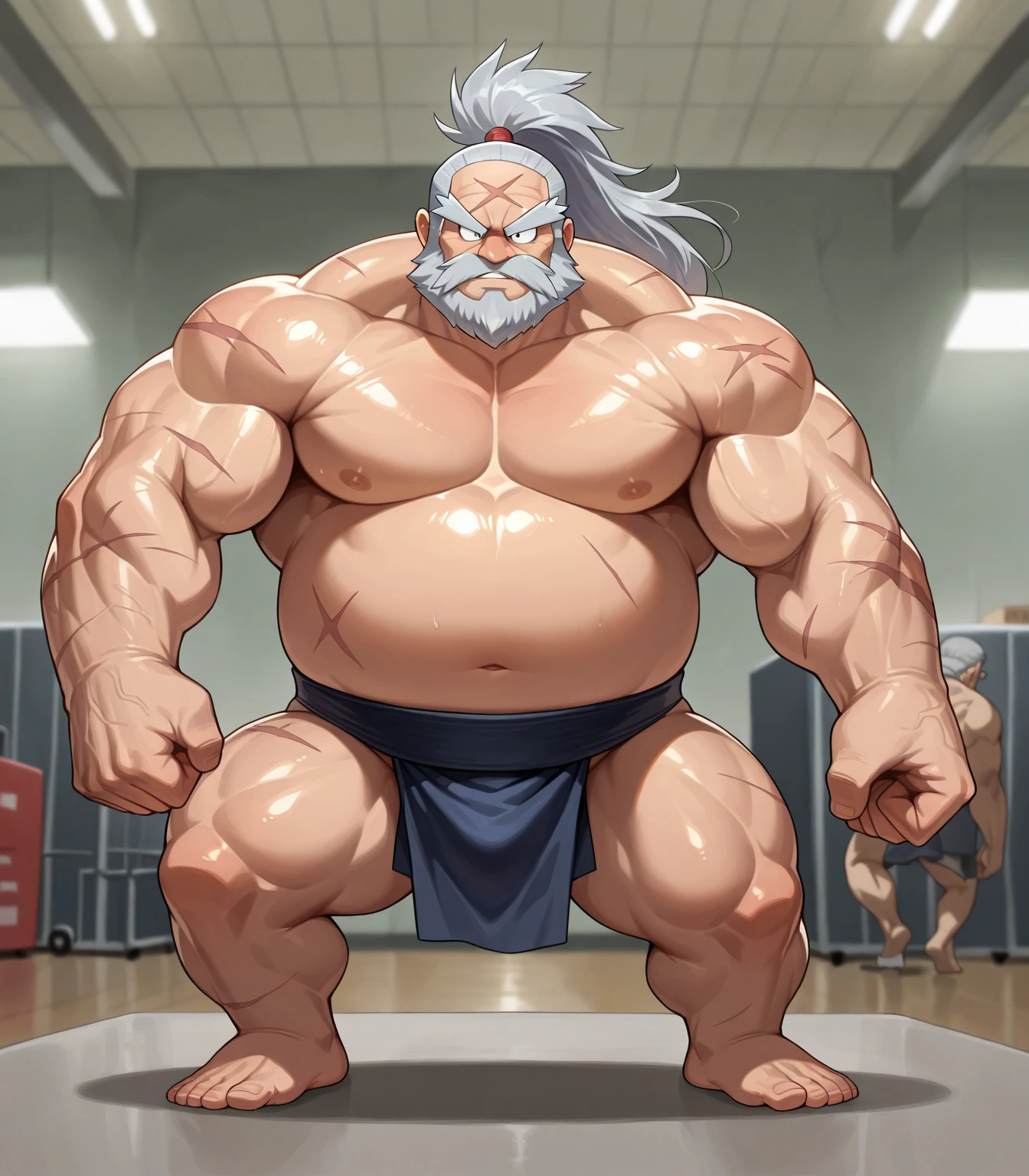 Solo, male focus, 1boy. Huge muscular old man in nigh street city, absurdly muscular, absurdly muscle size, photography, half body, flare lights, bur background, old man, thick arm, huge arm, bearded. White hair and long beard, bearded, muscular, pectoral, wide pectoral, large pectoral, realistic, 8k, masterpiece, (wearing white fundoshi, and shirtless, topless, geta, wooden sandals)