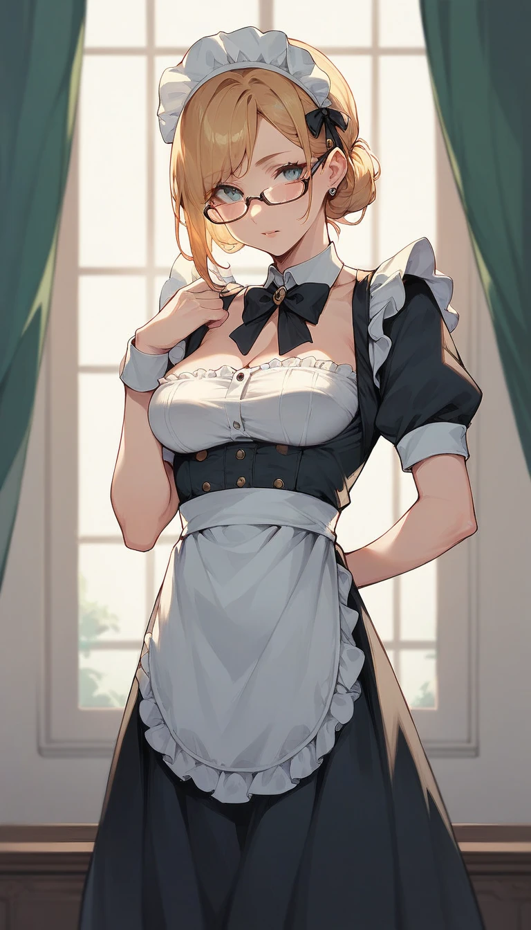 score_5_up, score_6_up,
1girl, solo, hand on hip, wearing (maid outfit, maid headdress, glasses), large breasts, cleavage, frills, detached sleeves, detached collar, short hair