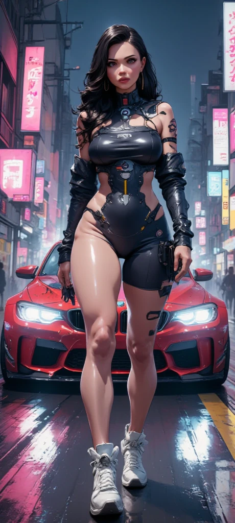 motor irreal:1.4,CG ultra realista 64K, fotorrealista:1.4, textura de la piel:1.4, obra maestra:1.4,posing behind Beautiful woman with babydoll lingerie、Ropa corta estilo cyberpunk color amarillo, pantimedias red , Mini falda azul,
