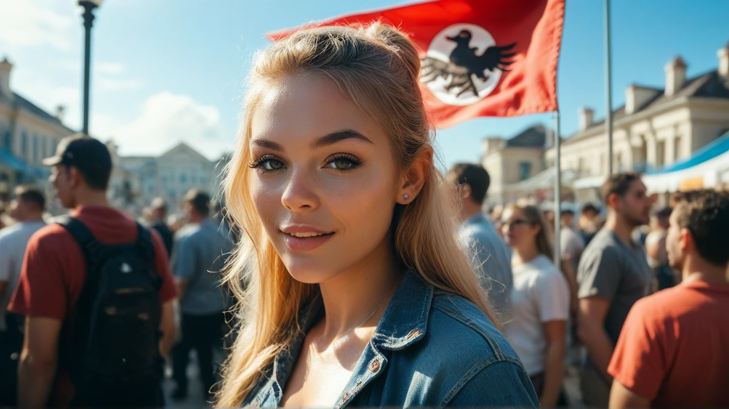 girl in front of a crowded stadium at night,
blonde hair, blue eyes,
misaligned frame
 <lora:20230529070953:0.8>