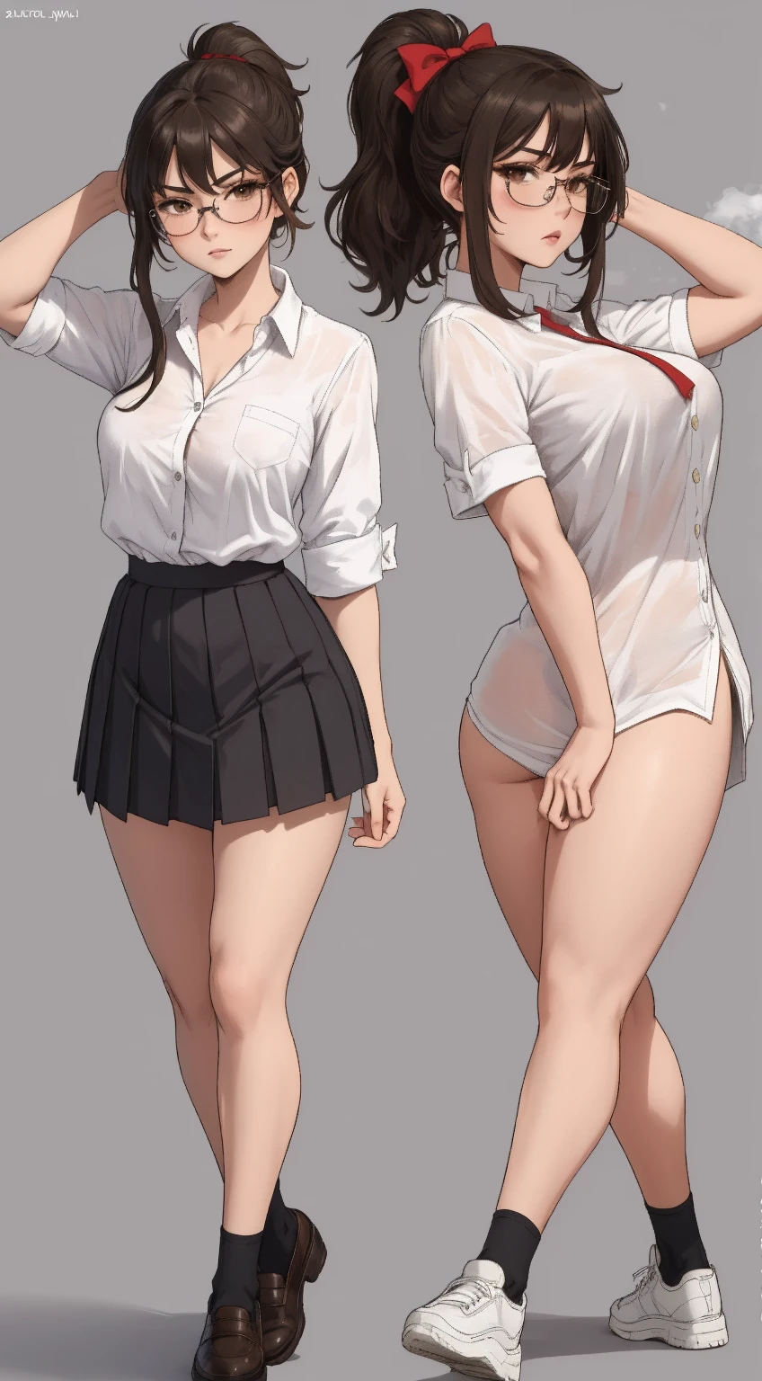 ((best quality)), ((Meisterwerk)), (detailed), perfektes Gesicht, Perfekte Anatomie, 4k resolution, big thighs, pig breasts, small waist, school girl, (18), twintails, Black Hair, Black Mini skirt, Socken bis zu den Knieen, (Bound Wrists, Ankless with Rope, Turn arms behind the back)