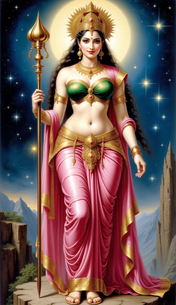 1 demoness, green skin, detailed face, beautiful eyes, intoxicating gaze, long flowing hair, smiling expression, crescent moon on forehead, slim curvy figure, big breasts, perspiring slightly, three folds of skin and fine hair below navel, seated on gold throne, wearing red garments and jewelry, holding skull in left hand and sword in right hand, acrylic on canvas, baroque style, inspired by Indian mythology, (best quality,4k,8k,highres,masterpiece:1.2),ultra-detailed,(realistic,photorealistic,photo-realistic:1.37),highly detailed description