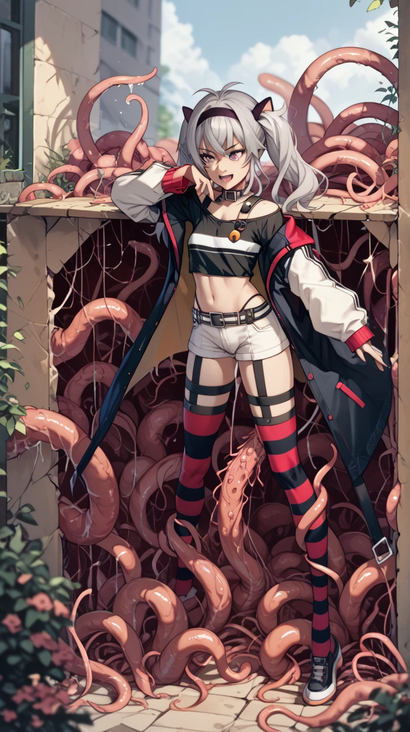 masterpiece、Highest quality、Highly Yorin 1、Myolin Remblanc、Asticasia 、solo、Hair length、Grey Eyes、Gray Hair、Ahoge、Seamed legwear、Green shorts、tie、Bans、Hair between the eyes、Black Pantyhose、Long sleeve、Green jacket、Floating Hair、赤いtie、Medium chest、Upper body、Laughter。cloud、sun、, blush, wariza, Spread your legs,orgasm,blush, Sweat,White panties、Squat、Look at this、skirt、、Attacked by tentacles、Tentacles wrap around my legs、Tentacles in the crotch、Captured by tentacles、cry、shout、Ecstasy face、skirtの中の触手、Do not run away、Lying down、Torn clothes、skirtの下からスパッツが見えます、Spread your legs、Disheveled clothing、skirtをめくった、