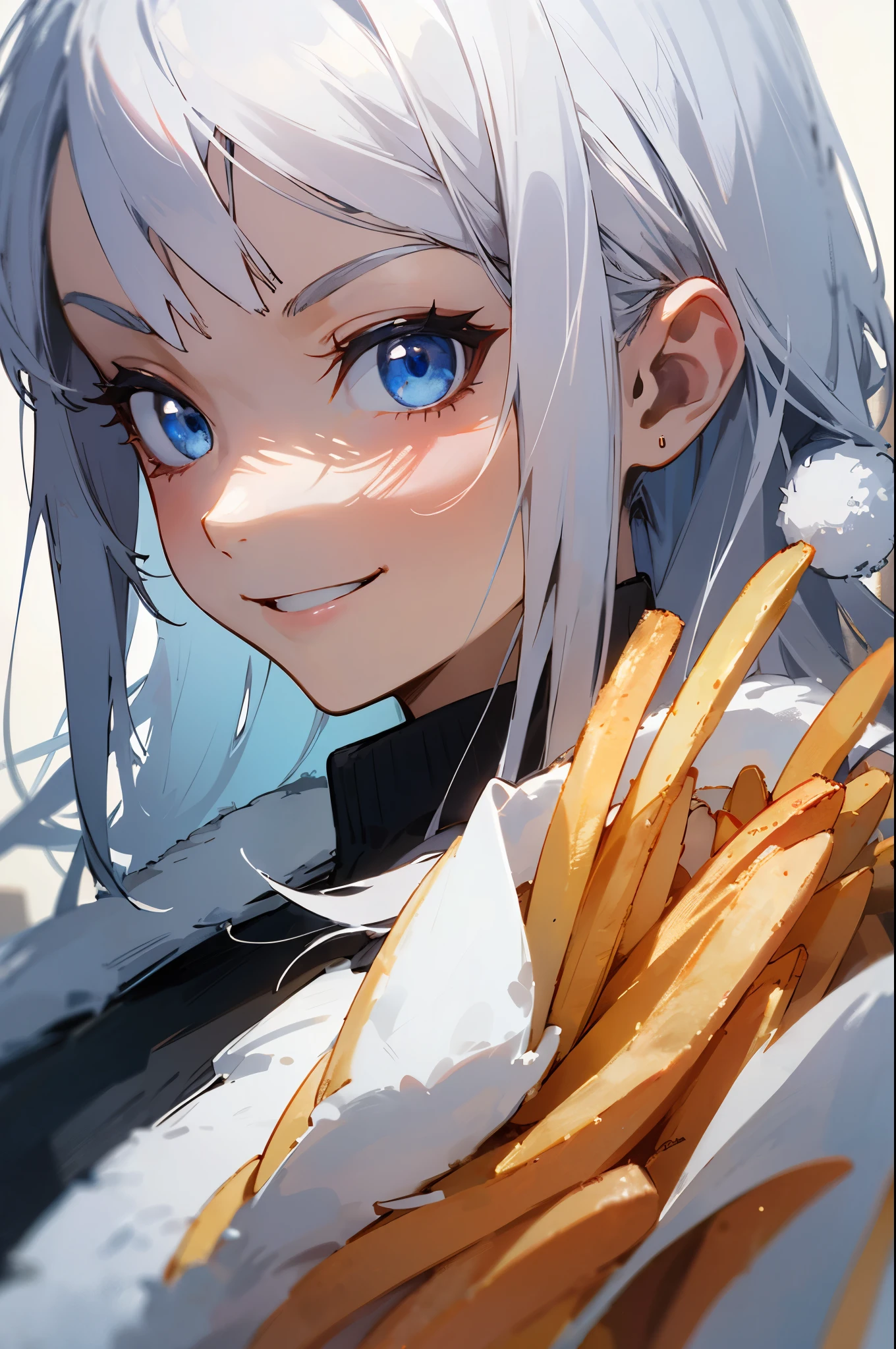 1 woman、Anime Paintings、 Silver Hair、blue eyes、evil smile、From the side、upper body close-up、Eat French fries 、winter