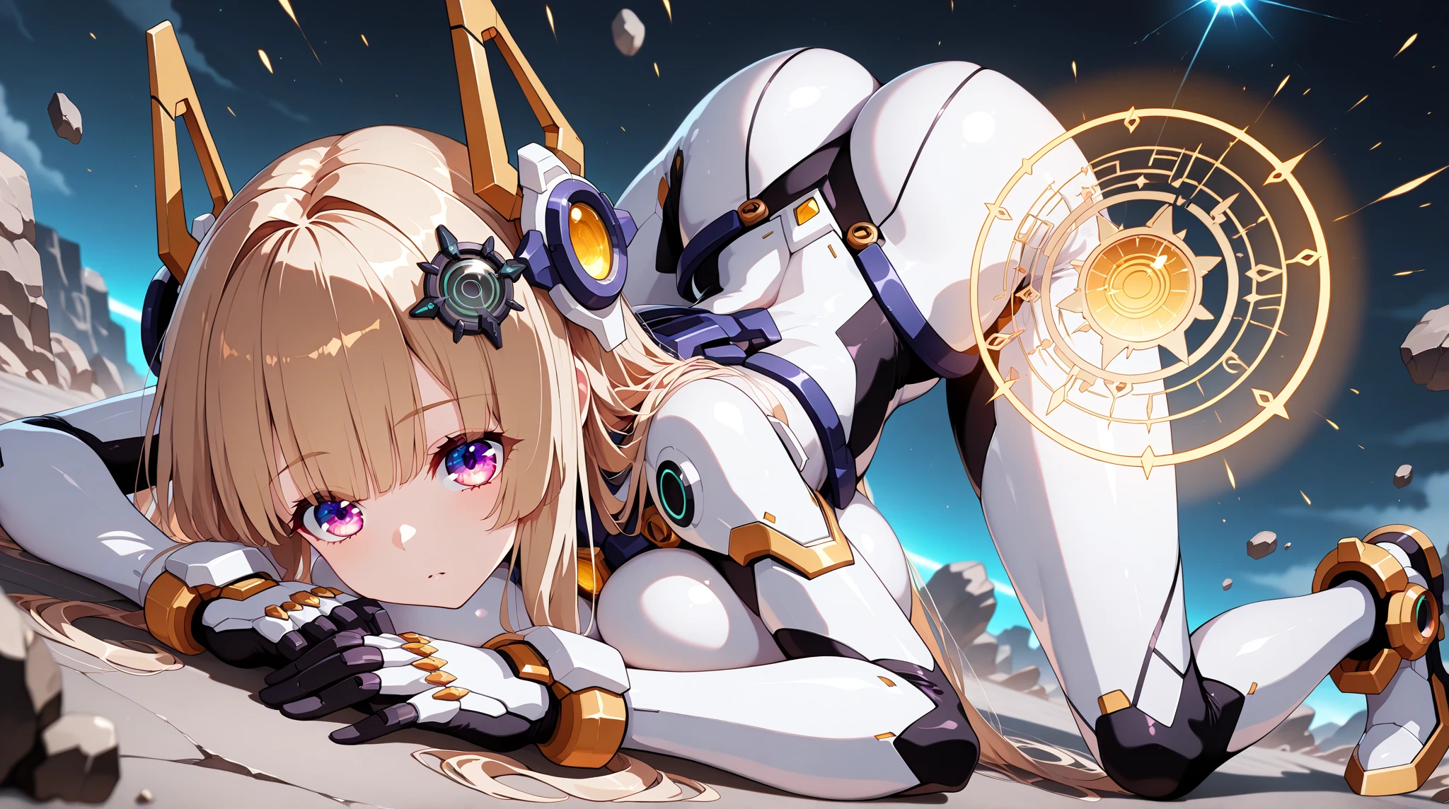 Female anime style Dorbach ,Mecha Bikini 2D, ((Very small breasts)),Nipples are visible((Highest quality)), ((masterpiece)), (detailed) ((Centered Images)) Crying face,Holding an electron gun