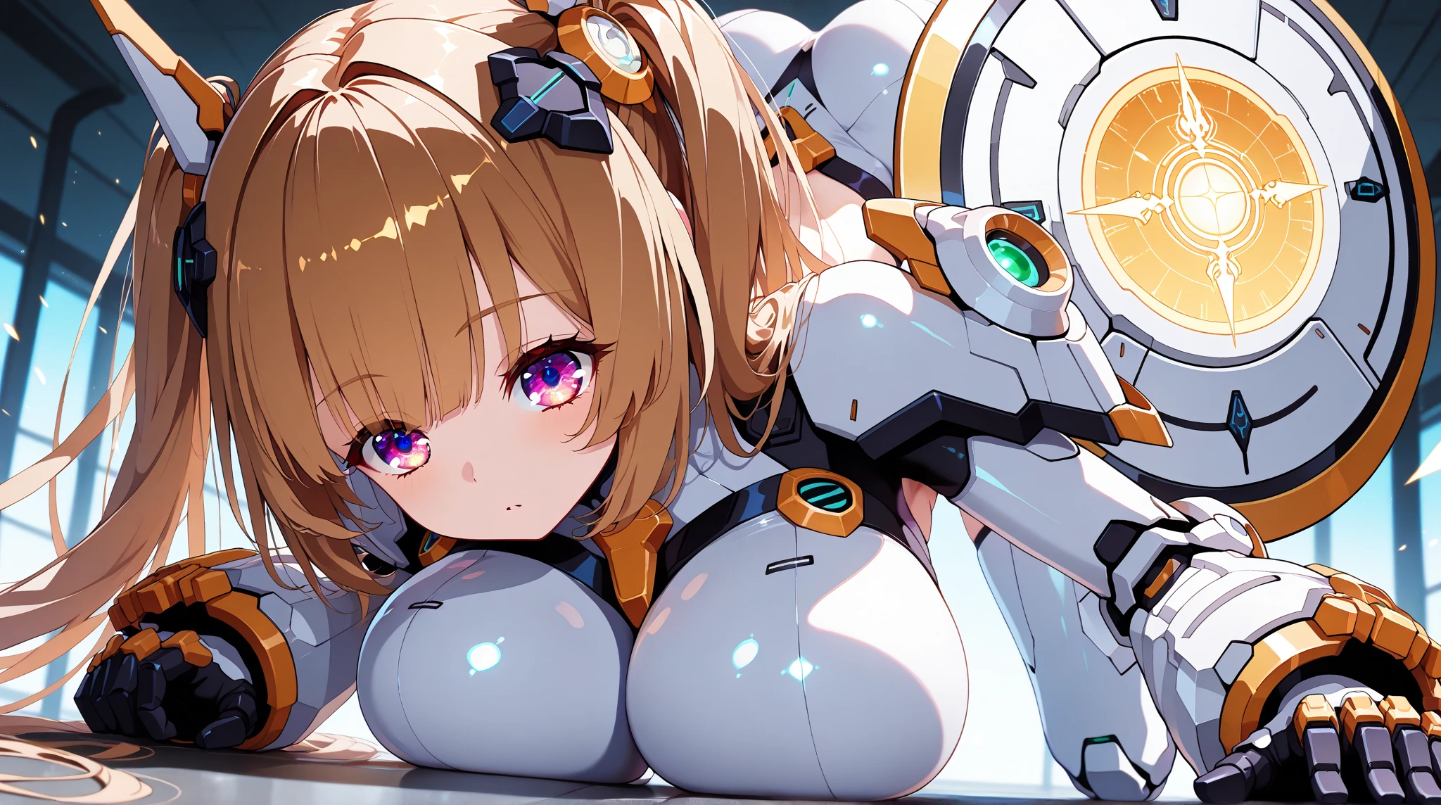 masterpiece , best quality , 1 sexy girl , solo , full body tight suit and bowtie , (covered nipples:0.9) , (gigantic tits:1.2) , (thick arm:1.1) , thick thigh , gigantic hip , (gold hair:1.1) , short hair , (plump:1.1) , robot joint , robot shoulder , embedded in machinery , lying on small sci-fi cockpit , surrounded by sci-fi machinery and monitor , folded , cable attached to the whole body ,spread legs , ahegao ,muscular , suit and tie, formal suit uniform, big shirt collar, formal white dress shirt, formal suit coat, huge giant red bowtie, formal suit clothing,  high collar 