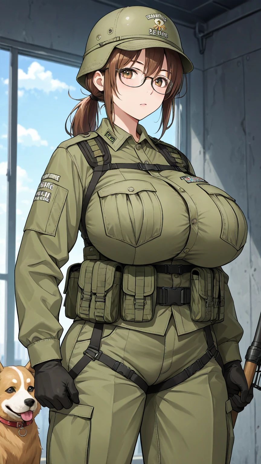 highest quality, Hi-Res Lucifer,Anime Screen Capture, SF、realistic, masterpiece, highest quality, perfect anatomy,((Grey SF Bodysuit、huge breasts))、cyborg girl、((Chubby、fat belly))、 (fine eyes), (Female mechanic, huge breasts), ((black baseball cap)),black gloves、Green Eye、(braided pigtails、brown hair), hands on hips、 ((blush))、(wide hips)、smile、((((embarrassing))))、((Sci-fi battleship hangar))