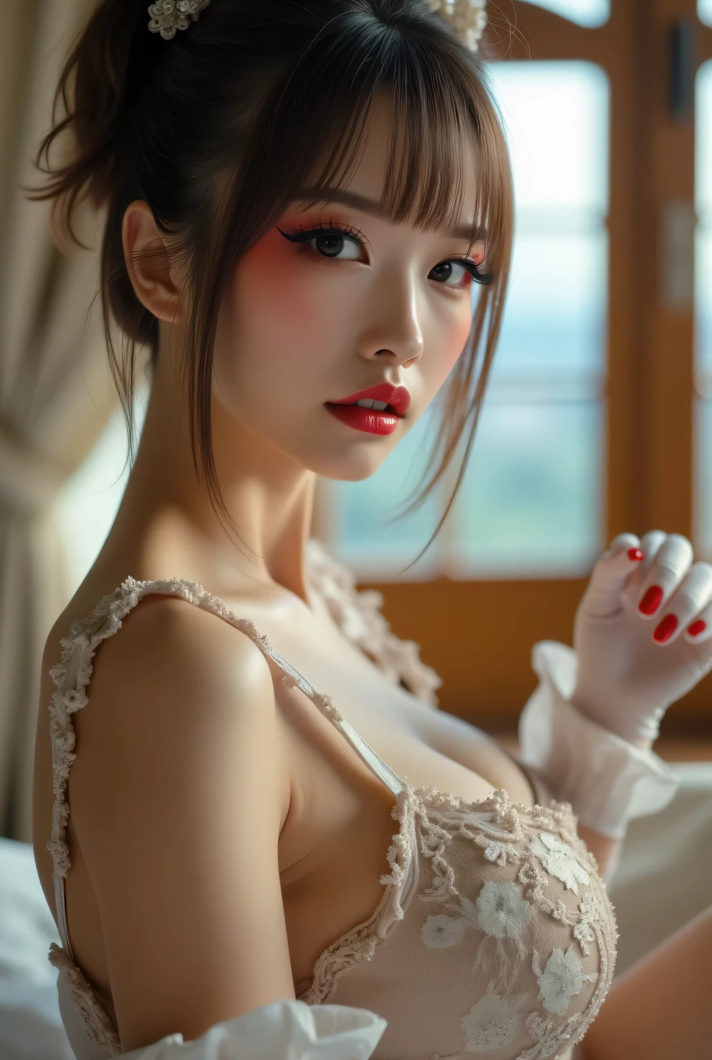((Highest quality)),(Ultra-high resolution),(Very detailed),(Detailed Description),((The best CG)),(masterpiece),Very detailedなアート、Small breasts、(((White dress with a plunging neckline 1.5)))、mini skirt、hair ornaments、Updo、Glitter Necklace、Ultimate Beauty 1.5、(((Sitting on the red sofa 1.5)))、Brown Hair、Smiling gently 1.2、、Different world、Adult Woman 1.4