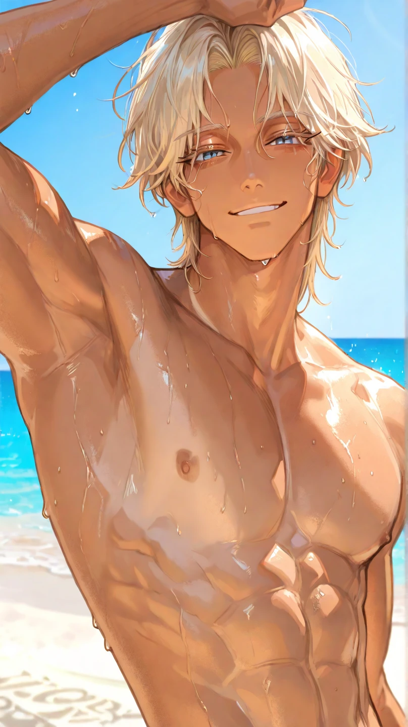 high quality, detailed, Realistic, (one 16 years old japanese boy), (detailed blue eyes), (abs:1.2), (shiny skin), detailed nipples, blond hair, (black tiny thong), (erected bulge), summer beach, (smile:0.8), close up face, (sweat),