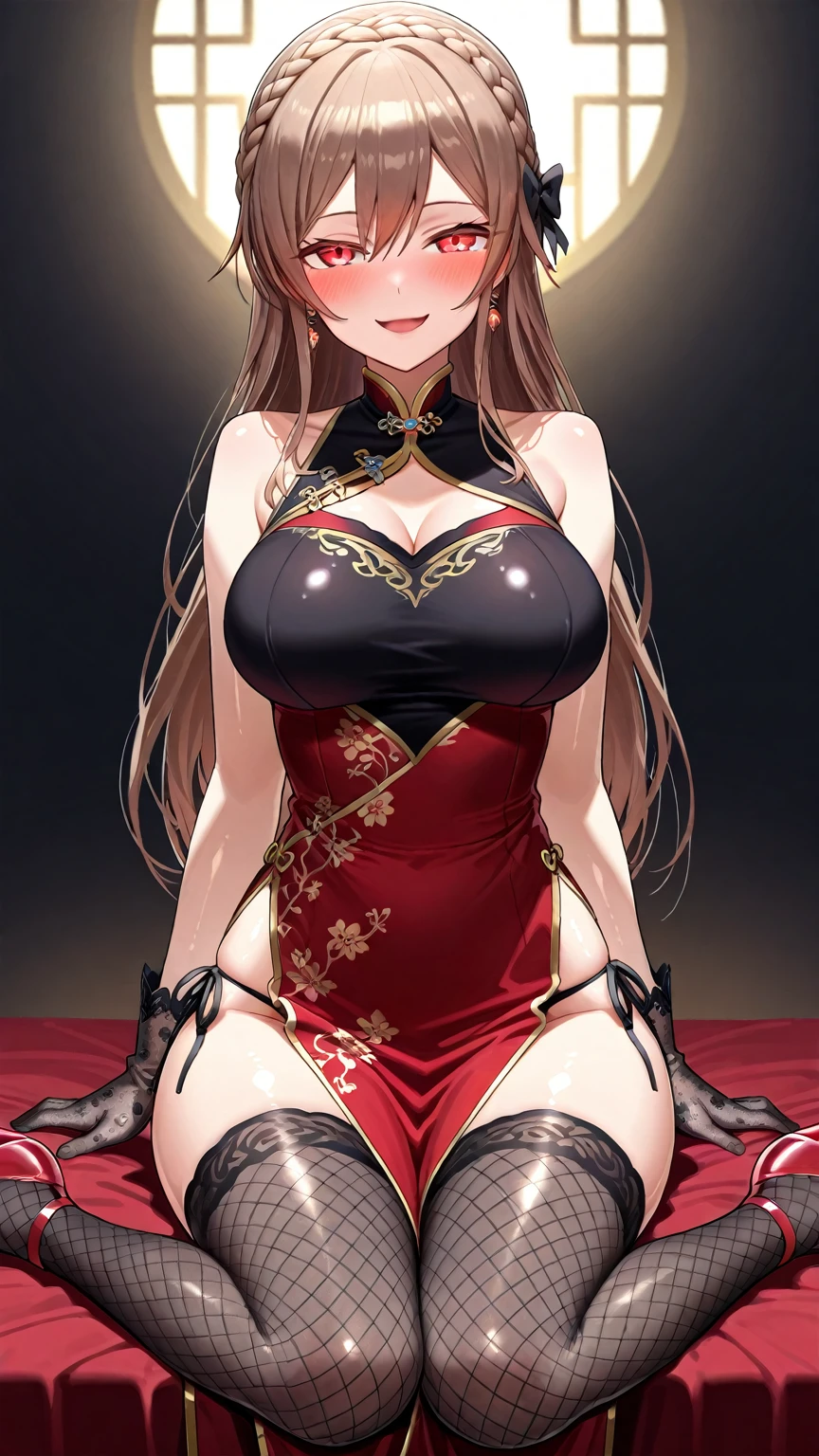 1girl, beautiful, vampire goddess, brunette very long hair, red eyes, sexy body and big breast, wearing a sexy red dress, ultrasharp, looking at the viewer, ((best quality)), ((masterpiece)), (detailed), perfect face,
