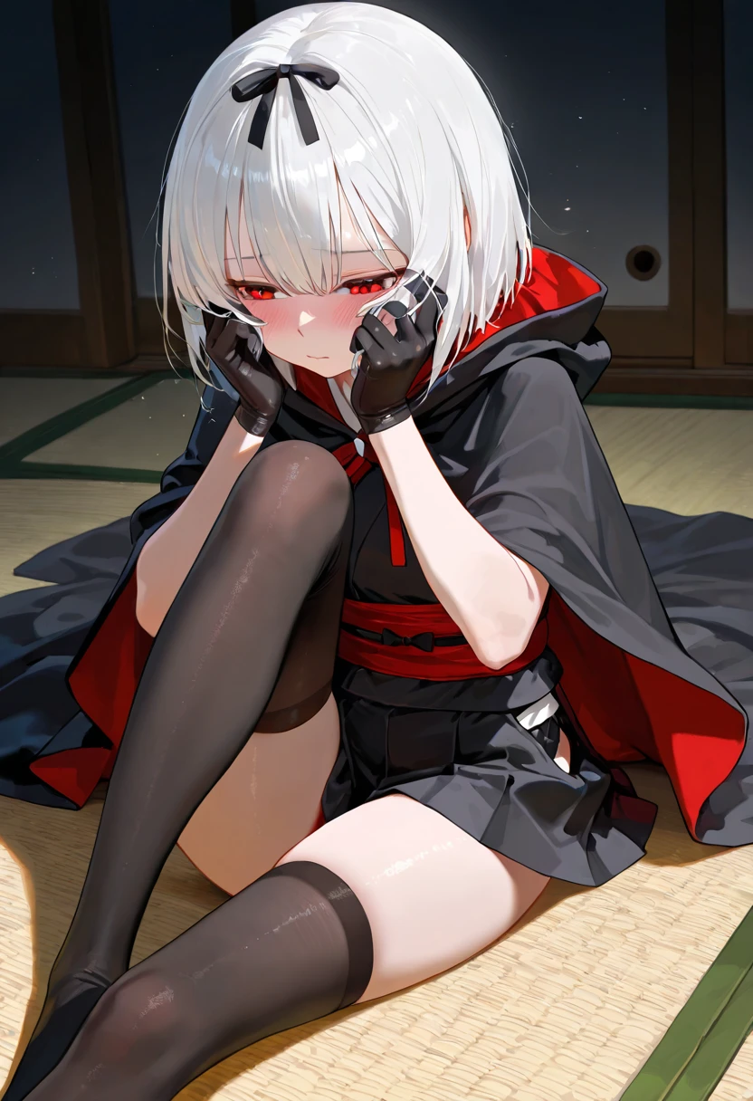 Top quality, very delicate and beautiful, (teenage girl), red-eyed, small, short hair, gray hair, short hair, (gray pointy hat), one, long sleeves, (gray wizard robe up to the legs)