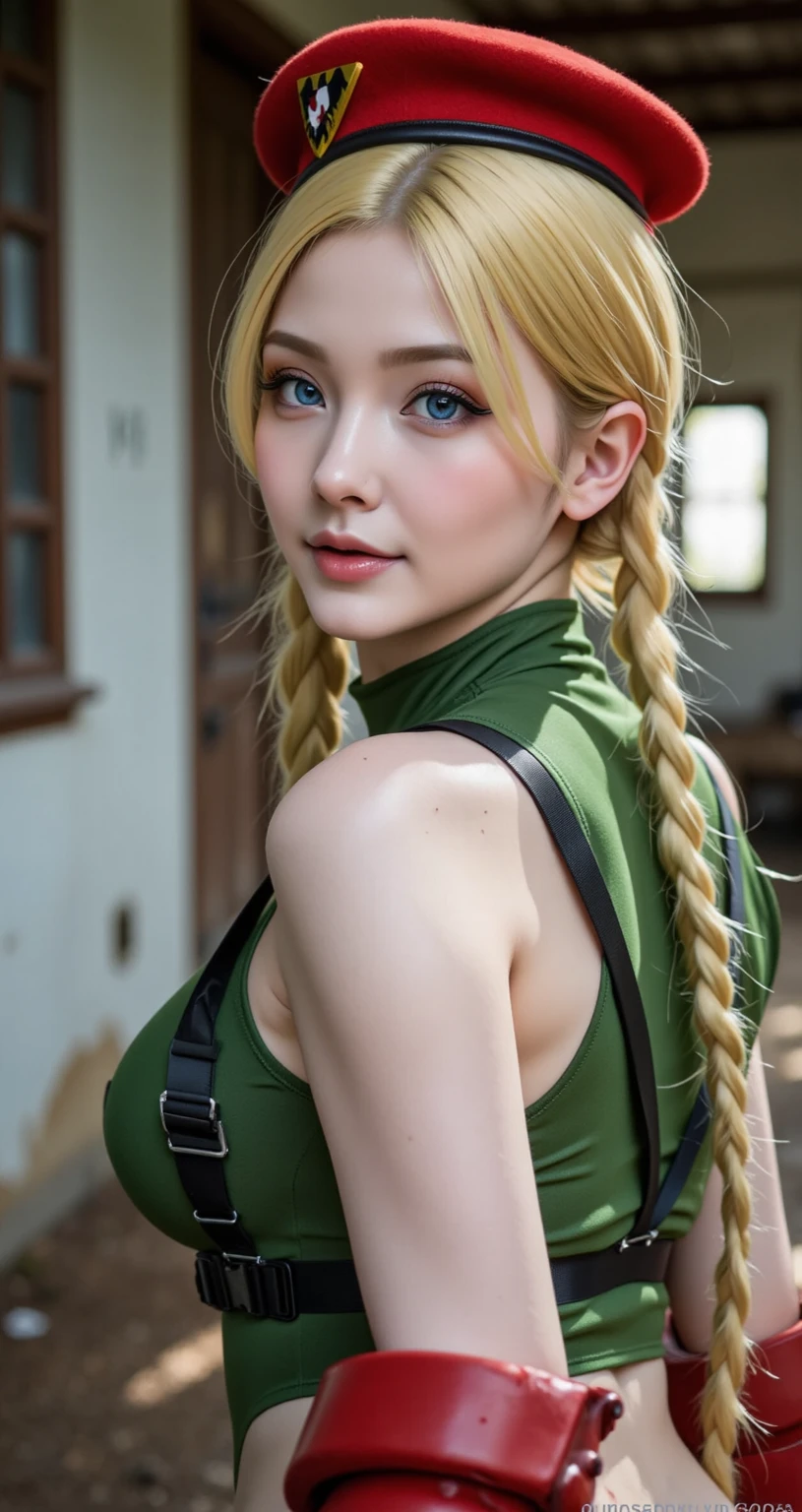 score_9, score_8_up, score_7_up, BREAK,
(exquisitely detailed CG unity 8k wallpaper, masterpiece best quality with stunning realism, high res) (best illumination, best shadow) (elegant and demonic style:1.2) Arti modern anime, angled view, heroic pose, closeup full body portrait of stunningly beautiful mature cammy from street fighter, Cammy white, 2twins braids, long hair, blonde hair, antenna hair, beret, (red headwear:1.3), blue eyes, scar on cheek, green tight leotard, large breasts, sleeveless, red gloves, fingerless gloves, camouflage, hard, large ass, abs, a little muscular, revealing, depth of field blur effect, night, full zoom, action portrait, photorealistic. cinematic lighting, highly detailed. best quality, 4k, Better hand, perfect anatomy, leaning forward, foreshortening effects, coy flirty sexy expression, foreshortening effect (piercing eyes:0.8) surrounded by an ominous and dark atmosphere, accentuated by dramatic and striking lighting, imbued with a sense of surreal fantasy (patting a small cat:1.5) wearing laced military boots:1.5) (inside an extravagant British castle at night:1.5) (happy and smiling:1) (crouching down:1)