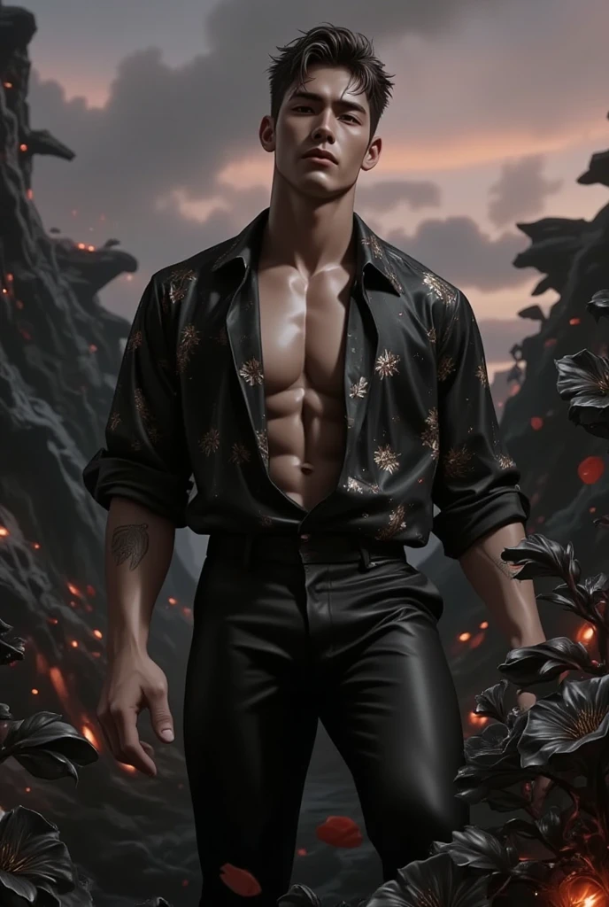 handsome young man, 25 years old, Asia, expert'your work, Best picture quality, higher quality, Highly detailed, Ultra high resolution, 8k resolution, delicate facial features, boy, Big muscles, tattoo, glowing eyes, short hair, hair details, [[turn away, look to the side, Focus on homosexuality and pay attention to every detail.. , Open Hanfu Sheer Gauze Jacket, White rubber pants, at night, starry sky, flying flowers. waterfall, mountain, dragon circle, Chinese patio background (((((Convex crotch)))))