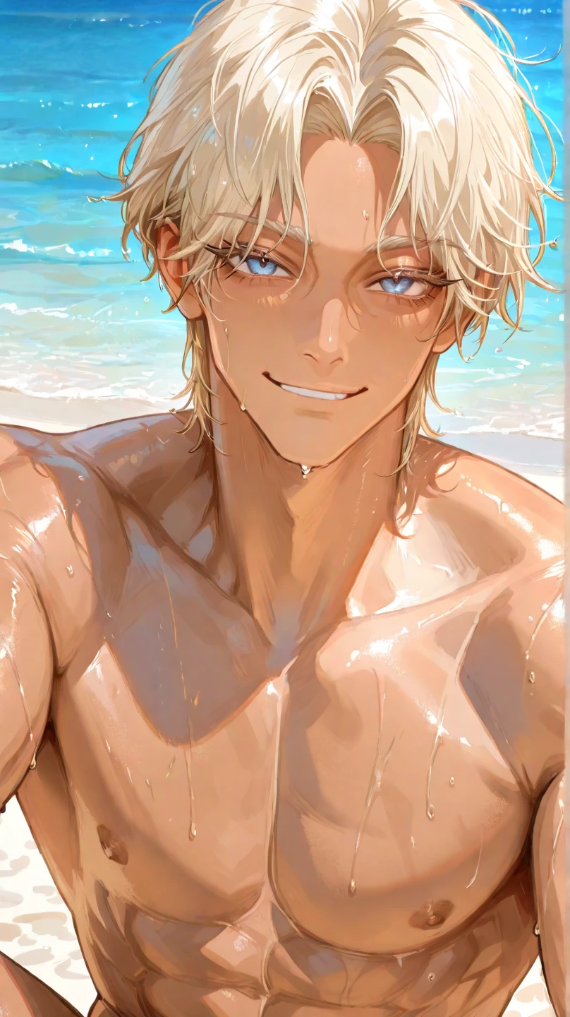 high quality, detailed, Realistic, (one 16 years old japanese boy), (detailed blue eyes), (abs:1.5), (shiny skin), detailed nipples, blond hair, (black tiny thong), (erected bulge), summer beach, (smile:0.8), close up face, (sweat:1.4), (orgasm:1.4),(cum:1.4), (cum on chest),(cum on face),